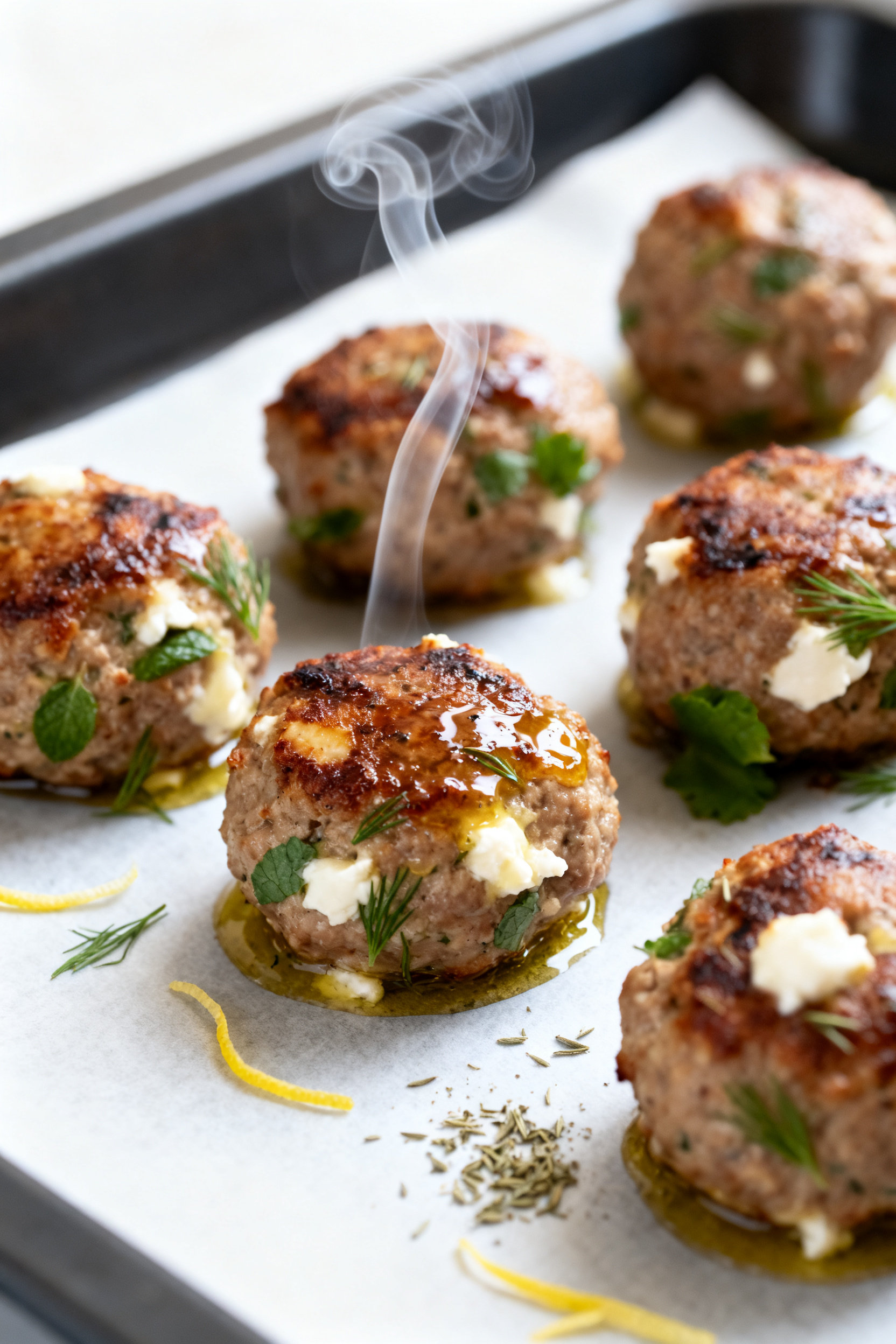 Close-up detail: Juicy Greek turkey meatballs just out of the oven, browned with crisped edges and m