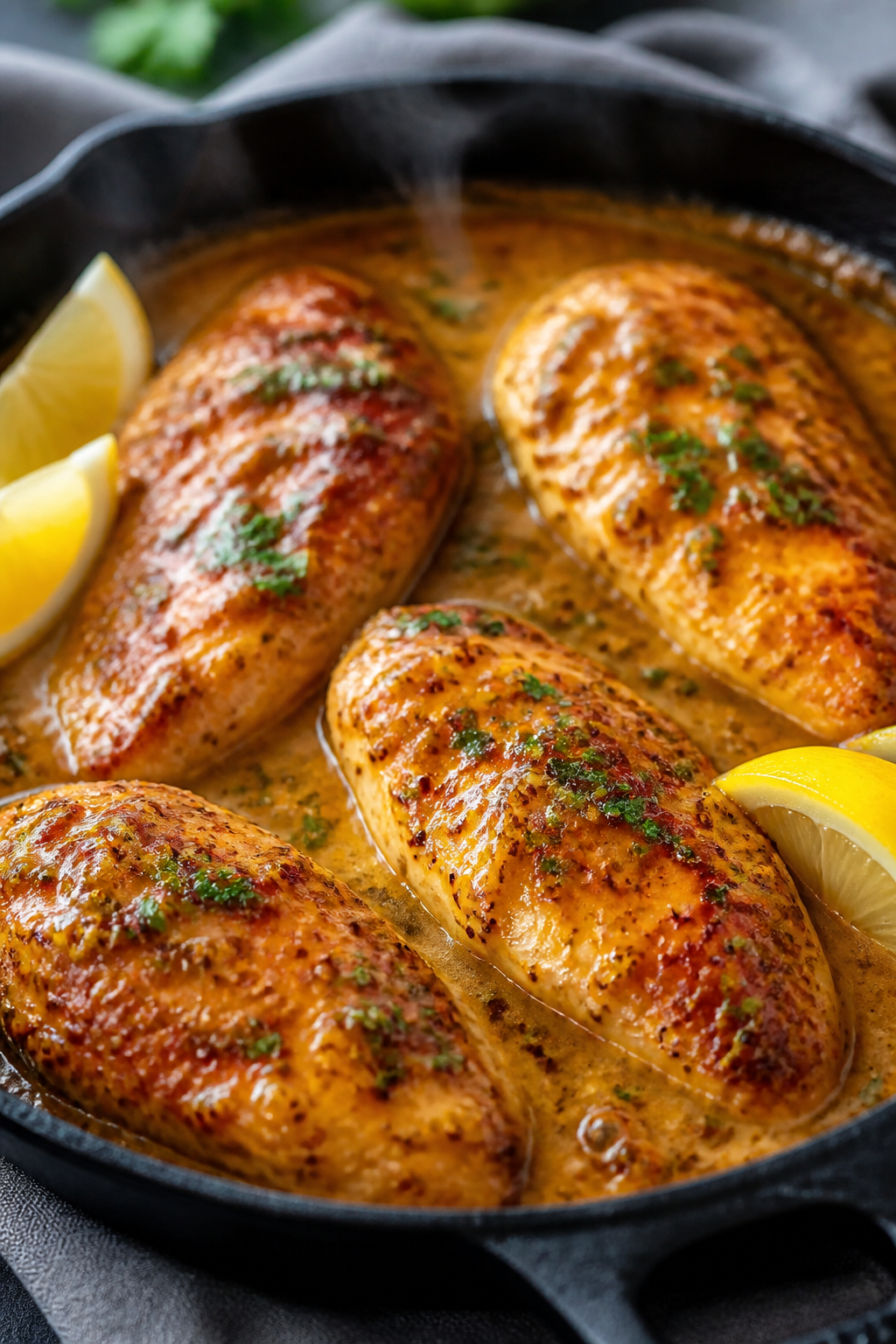 Close-up detail: Juicy honey mustard chicken breasts just out of the oven in an oven-safe skillet, s