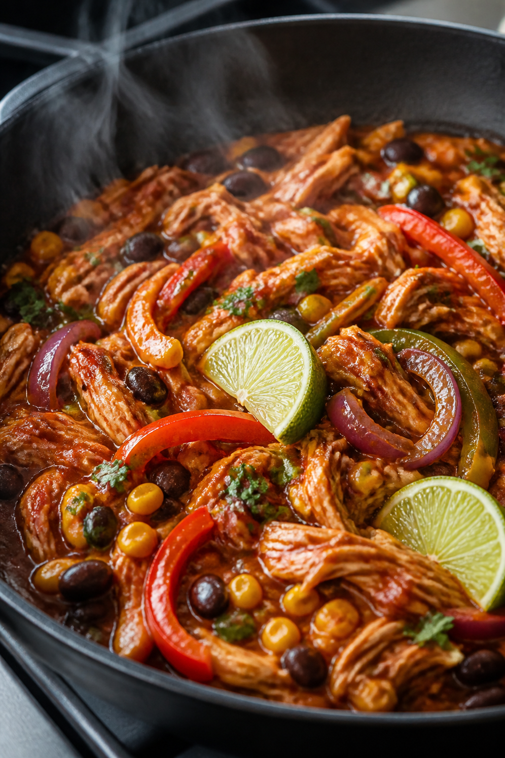 Close-up detail: Juicy shredded chicken coated in glossy red enchilada sauce simmering with black be