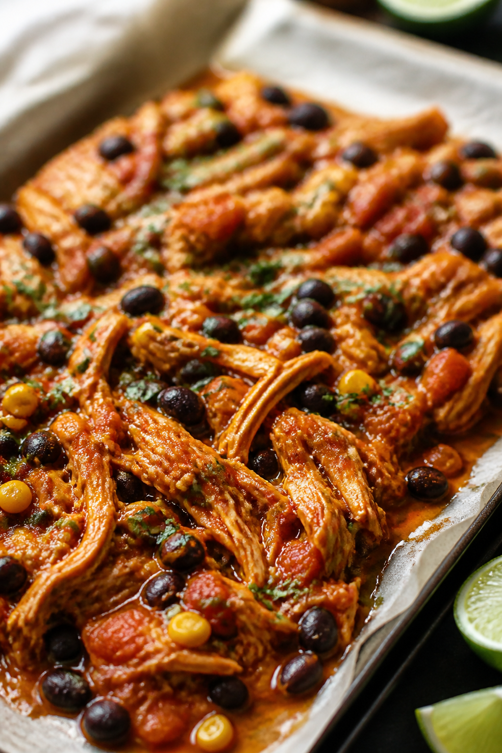 Close-up detail: Juicy shredded salsa chicken just out of the oven, glistening with roasted salsa ju