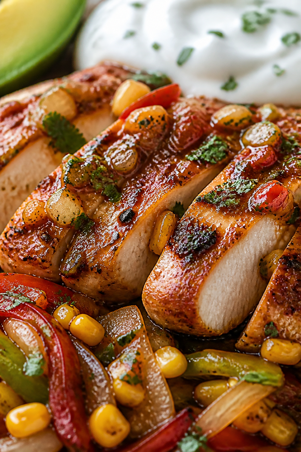 Close-up detail: Macro close-up of sliced chicken topped with a glossy salsa-lime finish, showing th