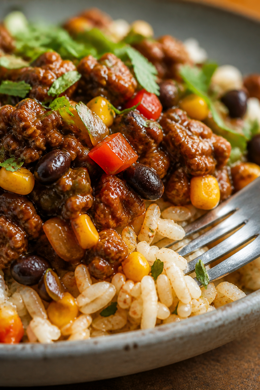 Close-up detail: Macro close-up of the finished burrito bowl’s beef mixture atop rice—juicy, wel