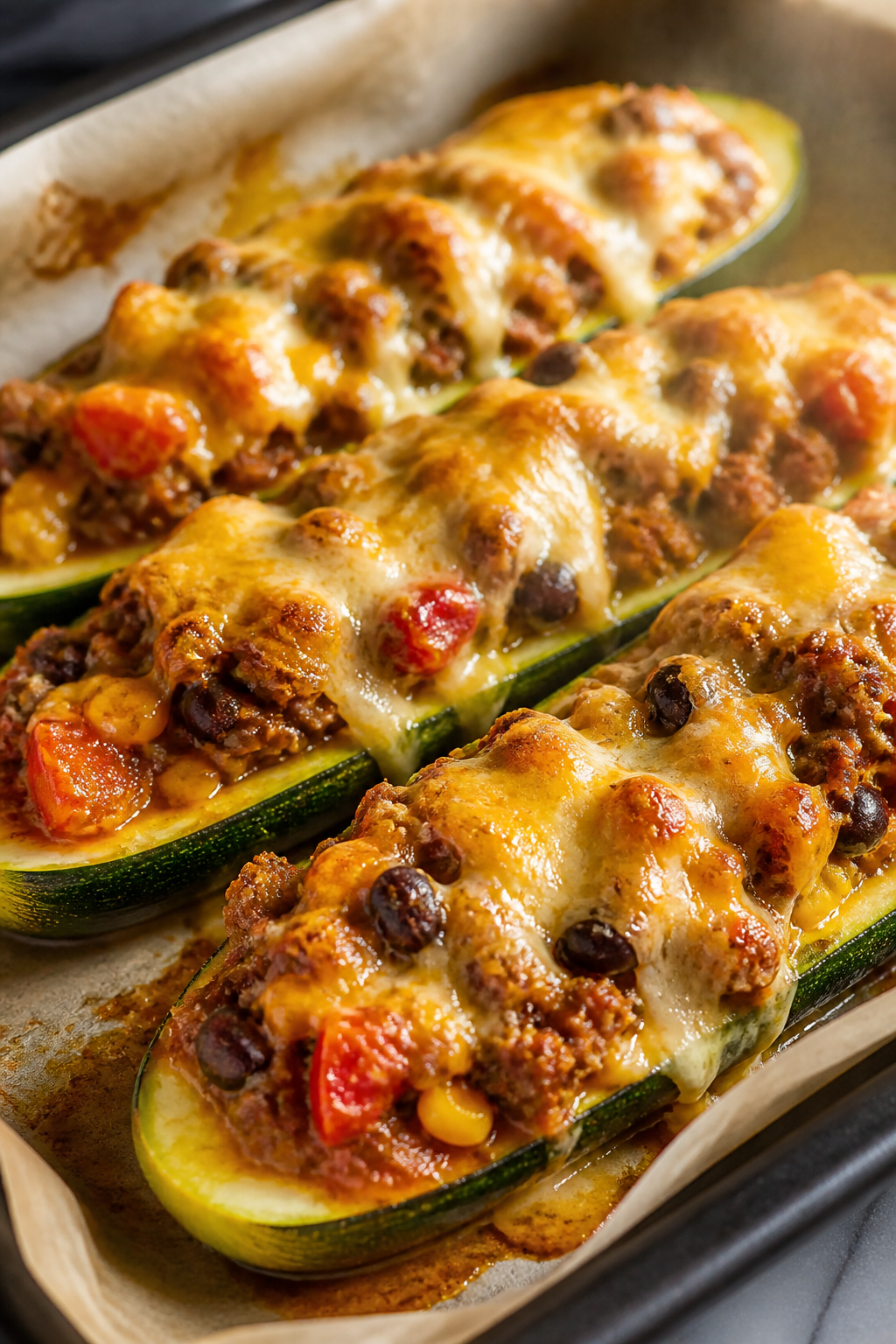 Close-up detail: Melted cheese bubbling over taco-stuffed zucchini boats just out of the oven, brown