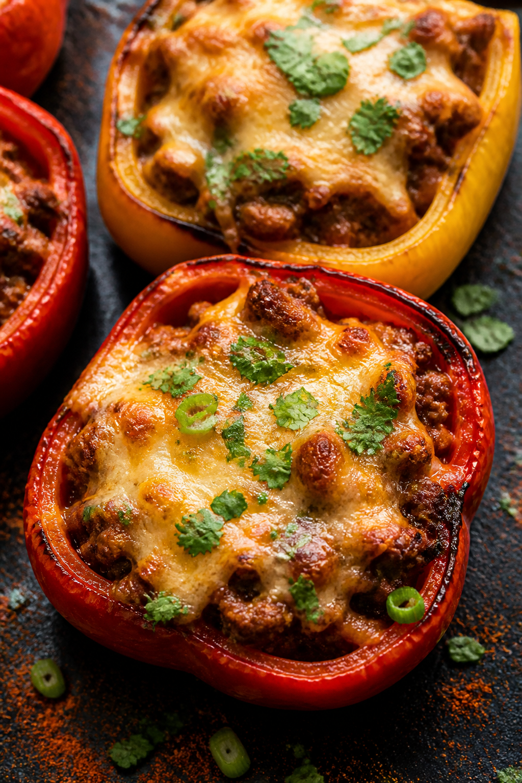 Close-up detail: Melted-cheese-topped beef taco stuffed pepper just out of the oven, cheese bubbling
