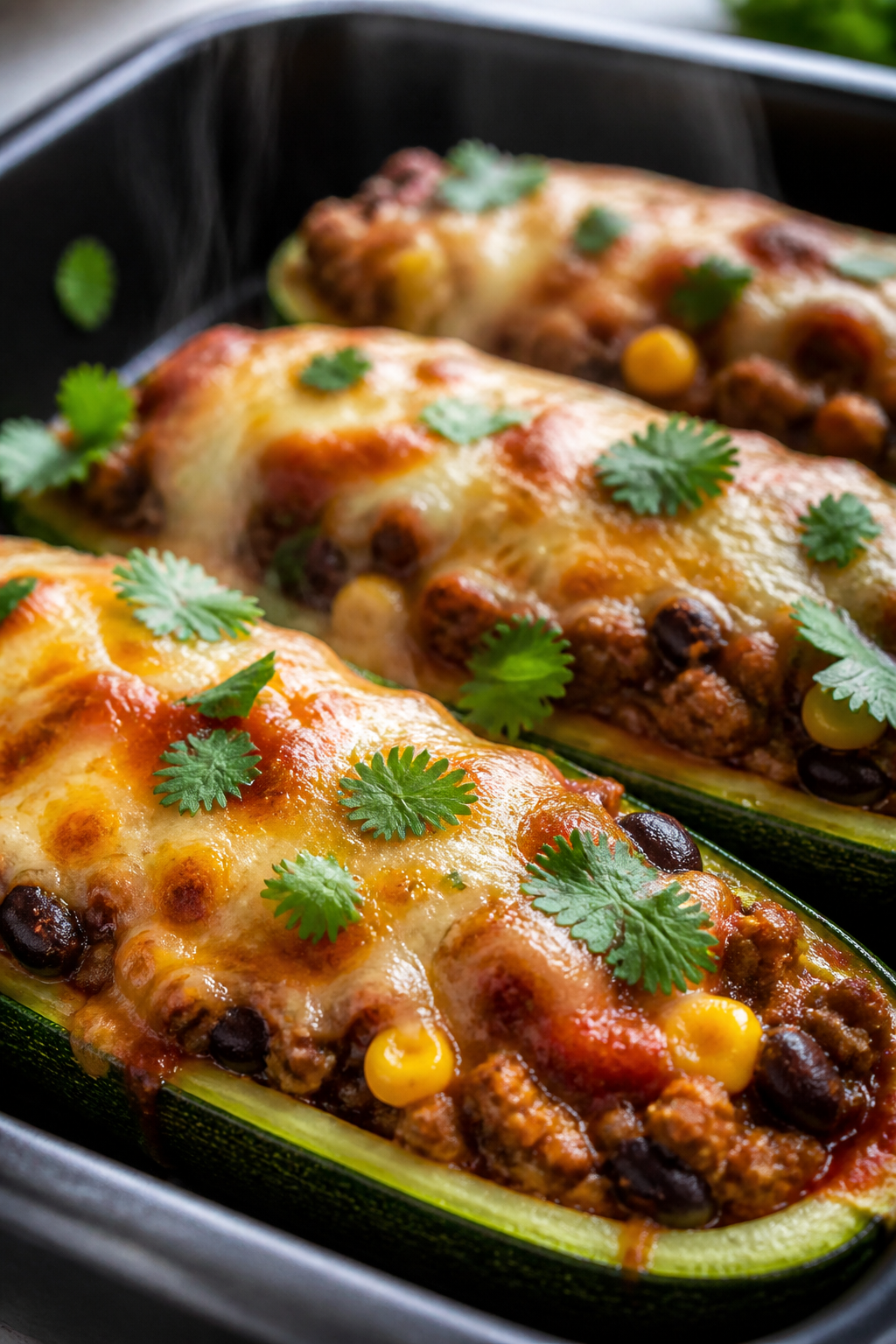 Close-up detail: Melty-cheese-topped beef taco stuffed zucchini just out of the oven, showing browne