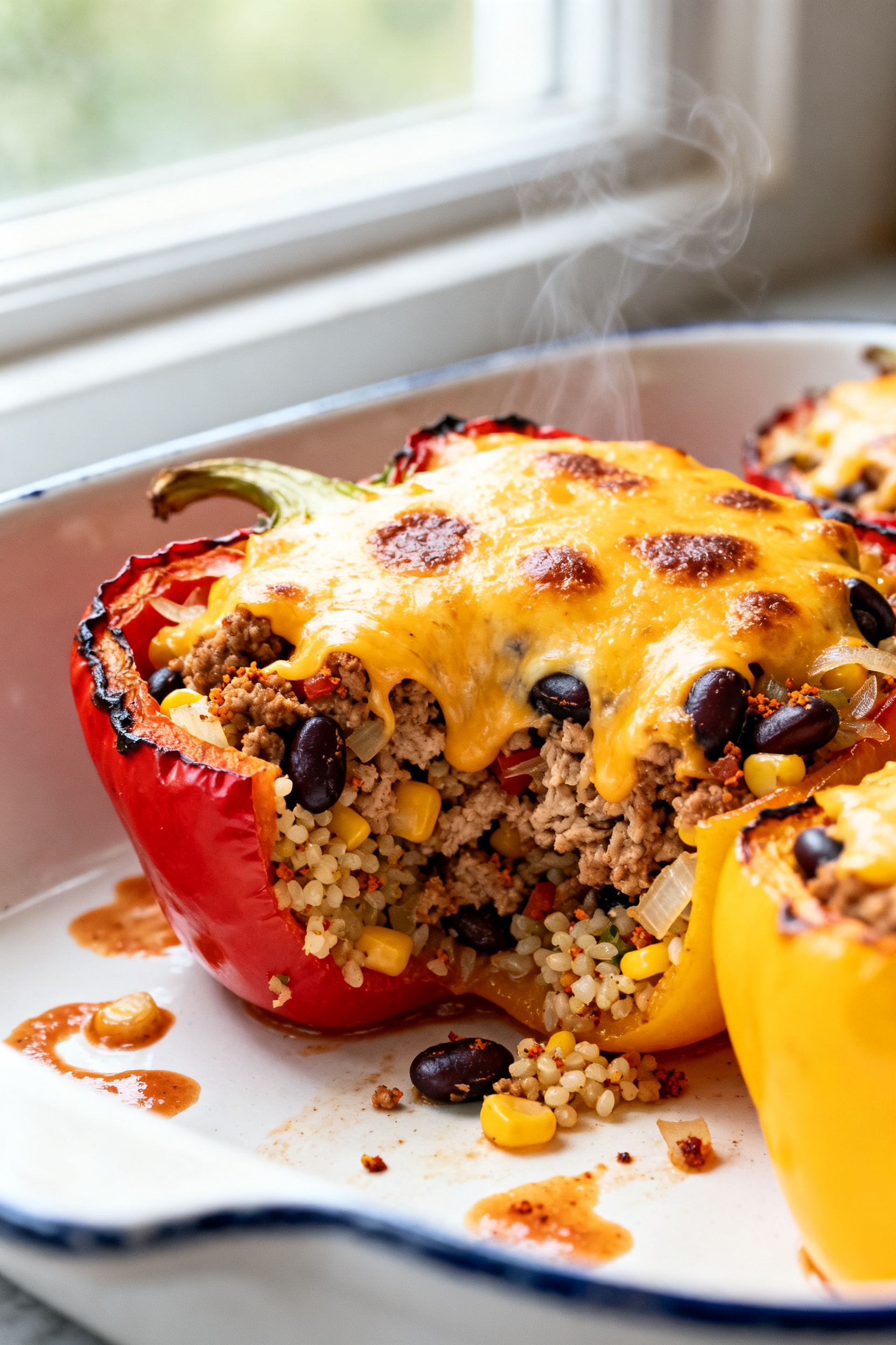 Close-up detail: Melty, golden-cheese-topped taco stuffed pepper just out of the oven, showing bubbl