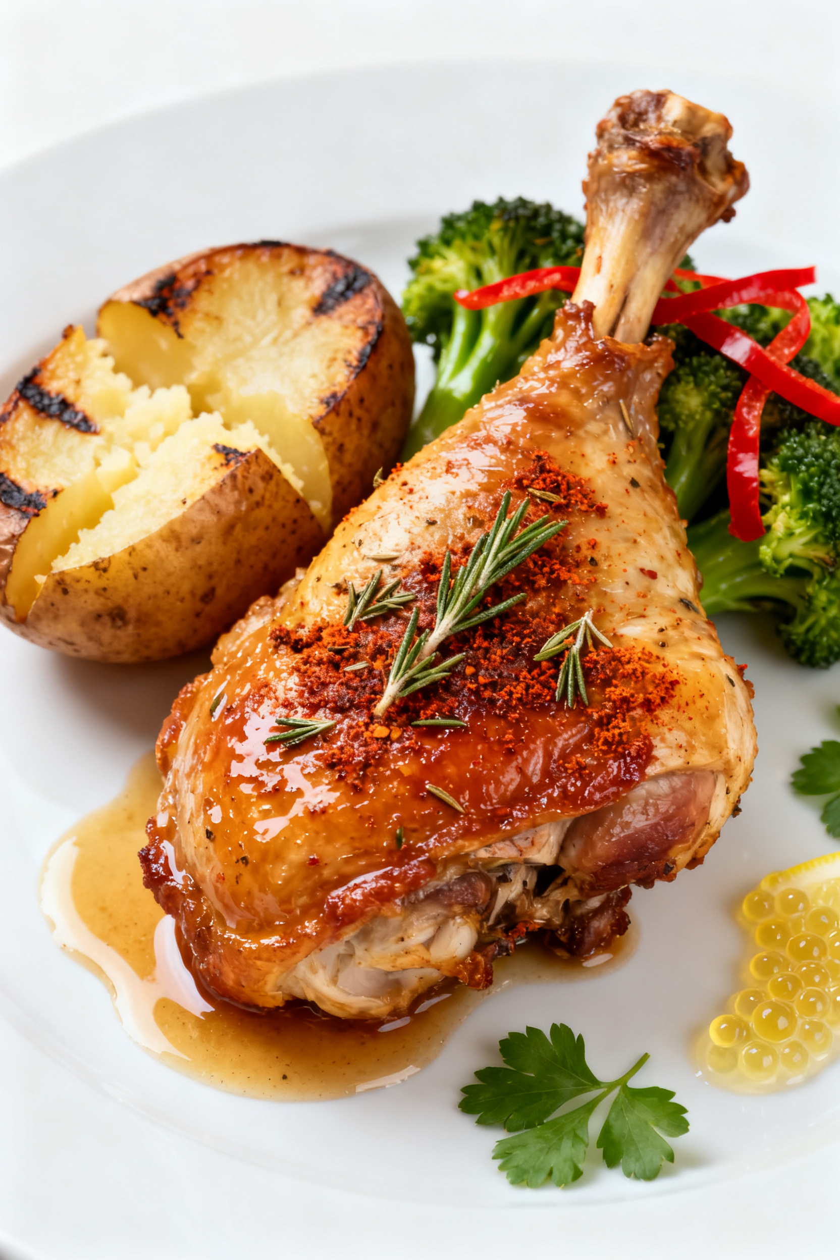 Close-up detail of a single bone-in chicken thigh on a plate with roasted vegetables, showcasing cra
