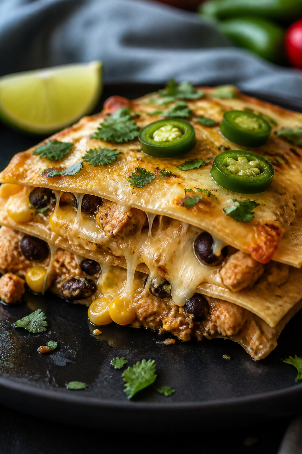 Close-up detail of a sliced square of High Protein Chicken Quesadilla Bake just after resting, showi