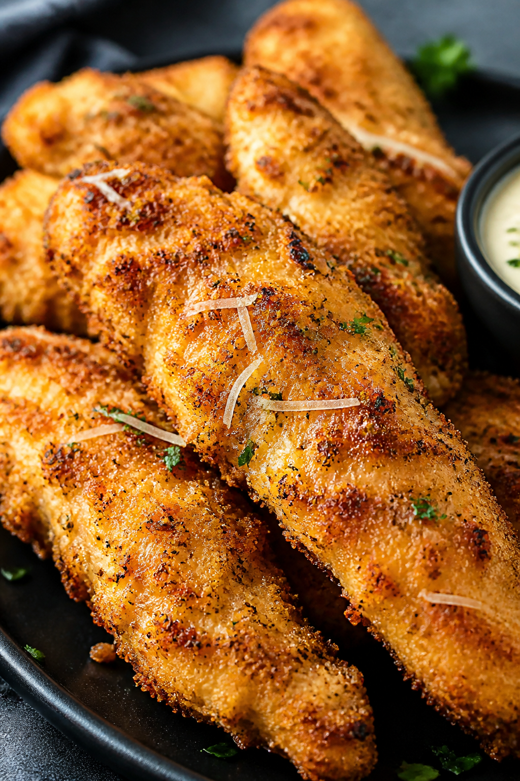 Close-up detail of golden-brown air fryer garlic Parmesan chicken tenders just out of the basket, co