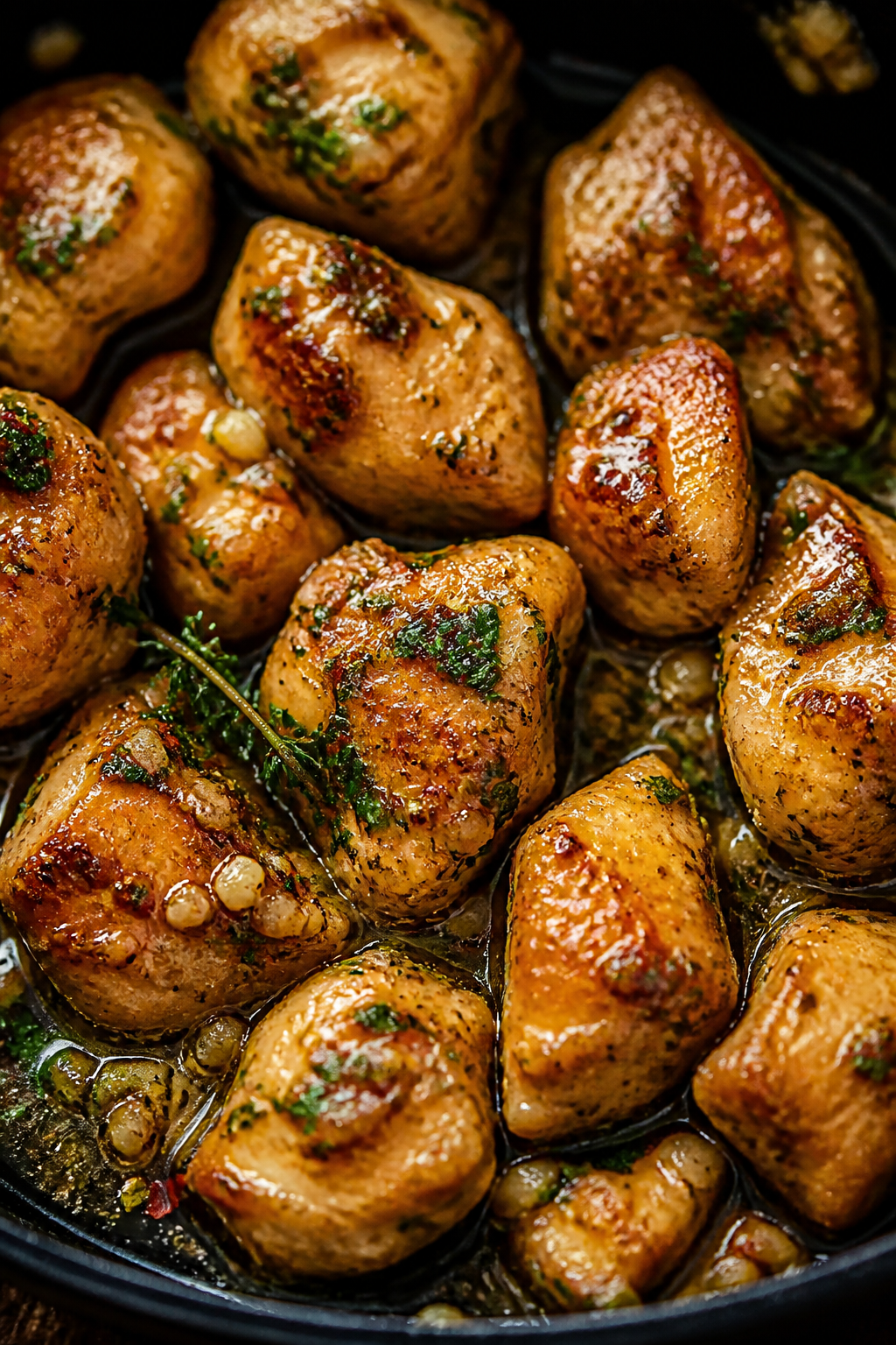 Close-up detail of sauce finish: Juicy, fully cooked chicken bites being tossed in a glossy garlic b