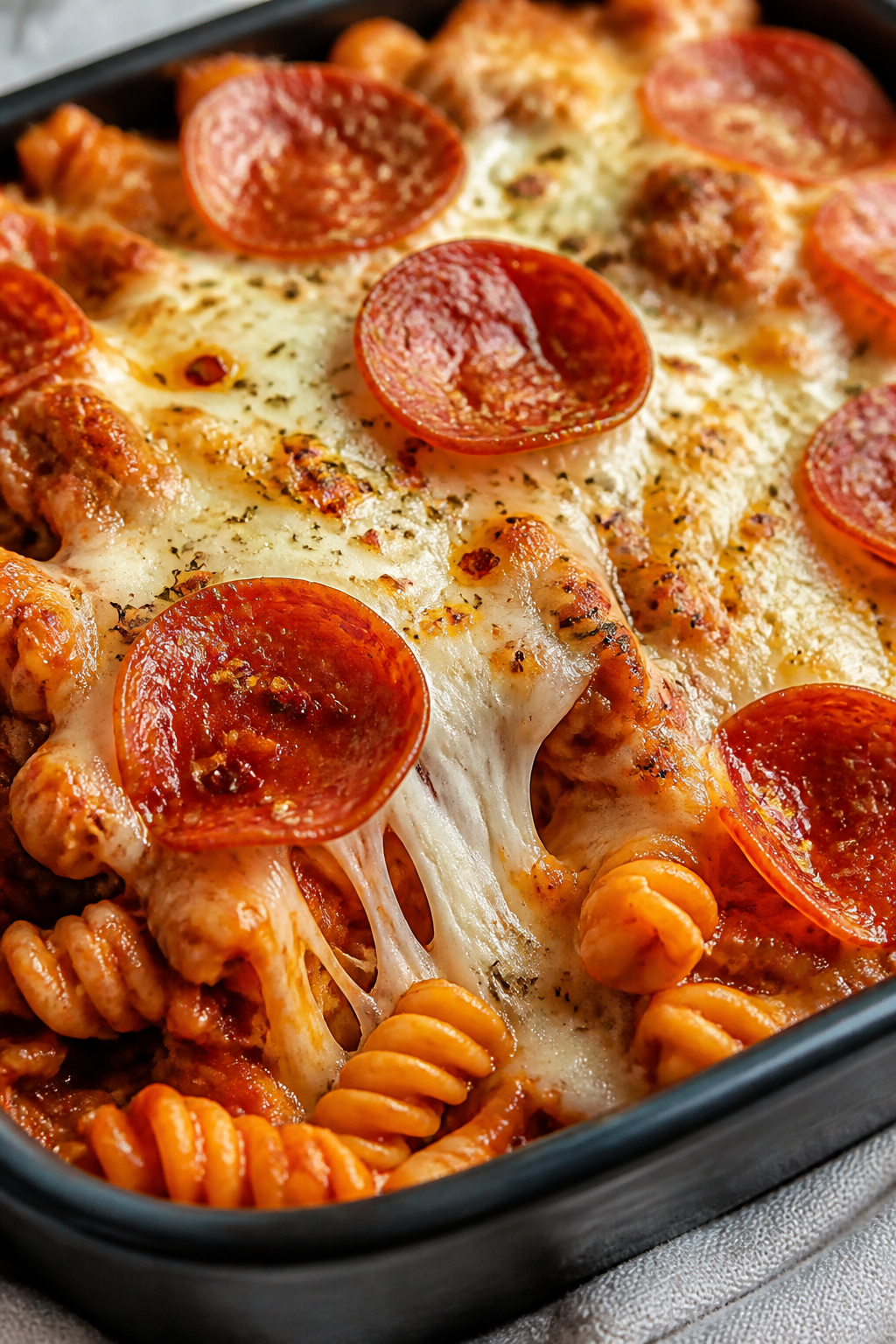 Close-up detail of the casserole just out of the oven: bubbling mozzarella and Parmesan with lightly