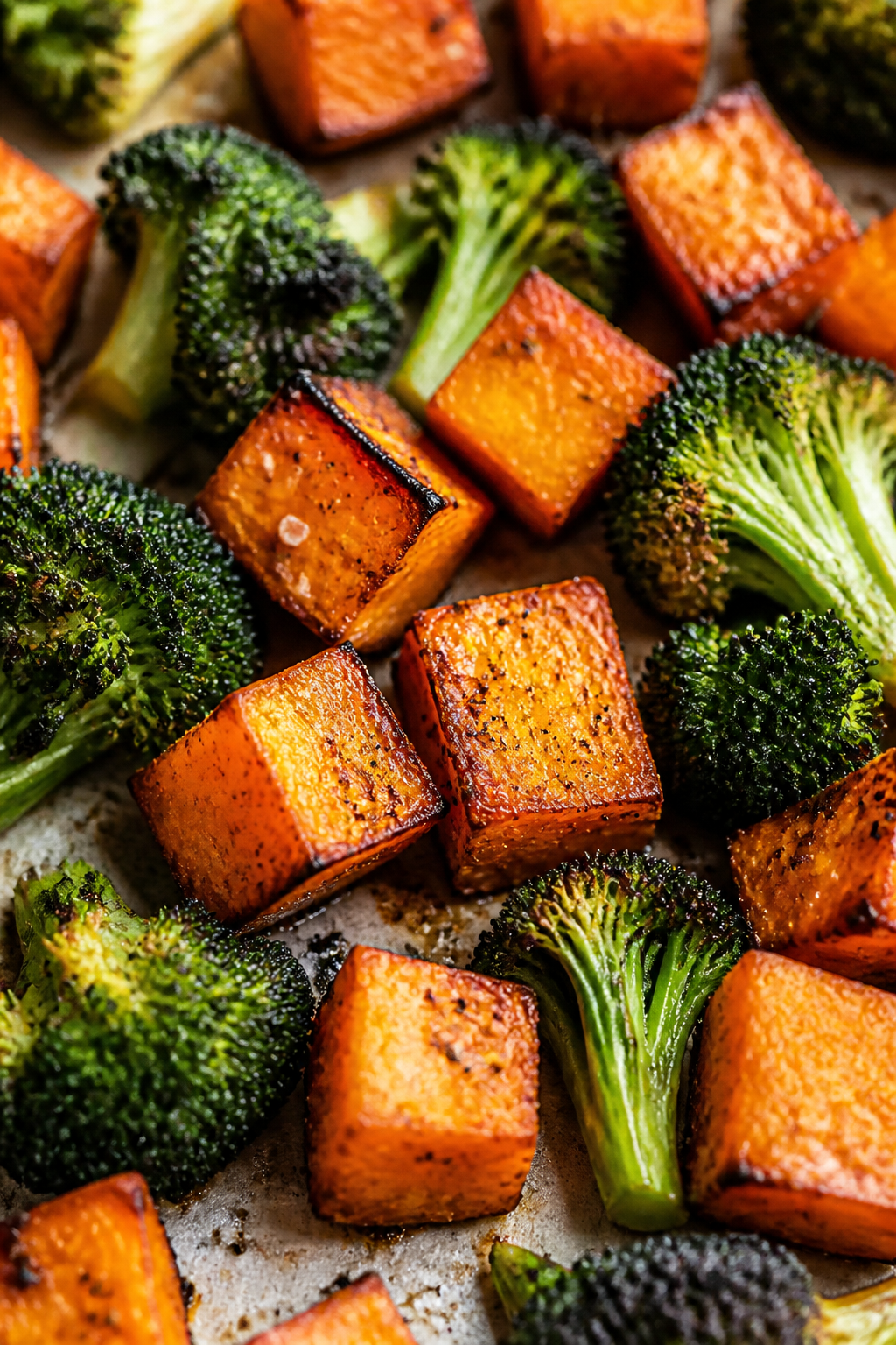 Close-up detail — Roasted sweet potato cubes and broccoli florets fresh from the oven, edges caram