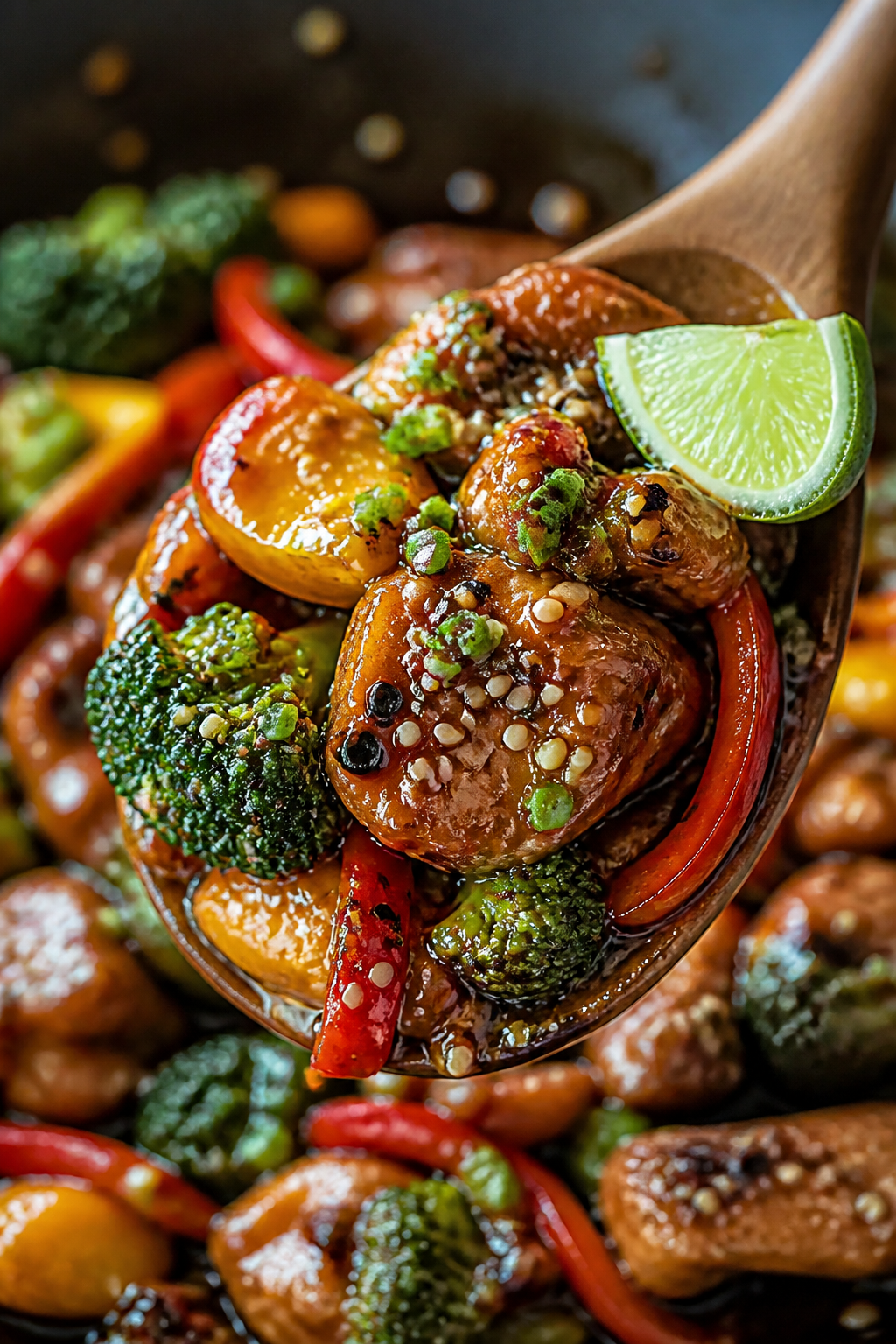 Close-up detail — Saucy, glossy finish: Tight macro of a spoonful of sweet & spicy chicken and veg