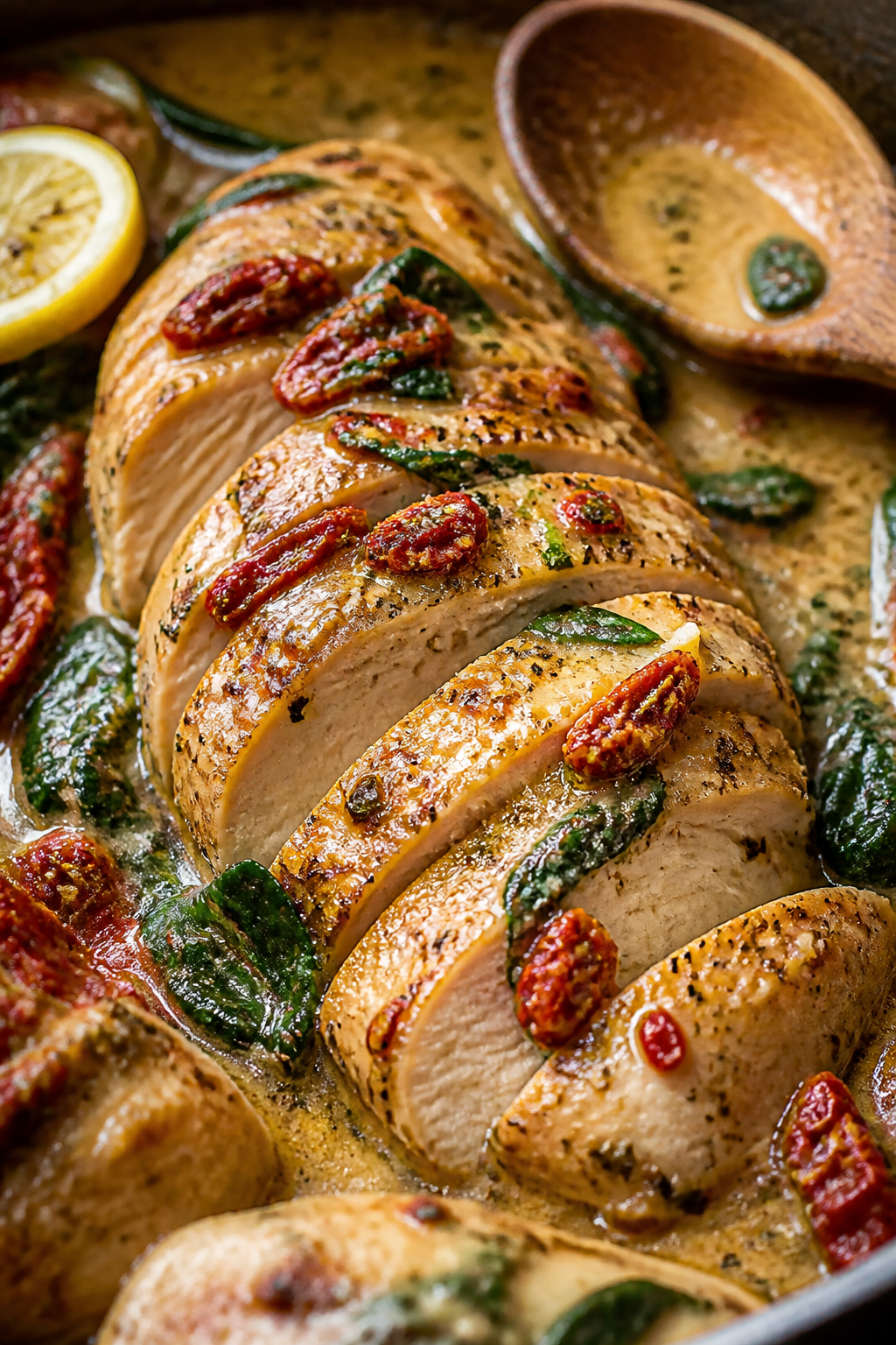 Close-up detail, saucy slice: Tight, shallow–depth-of-field macro of a sliced, perfectly cooked ch