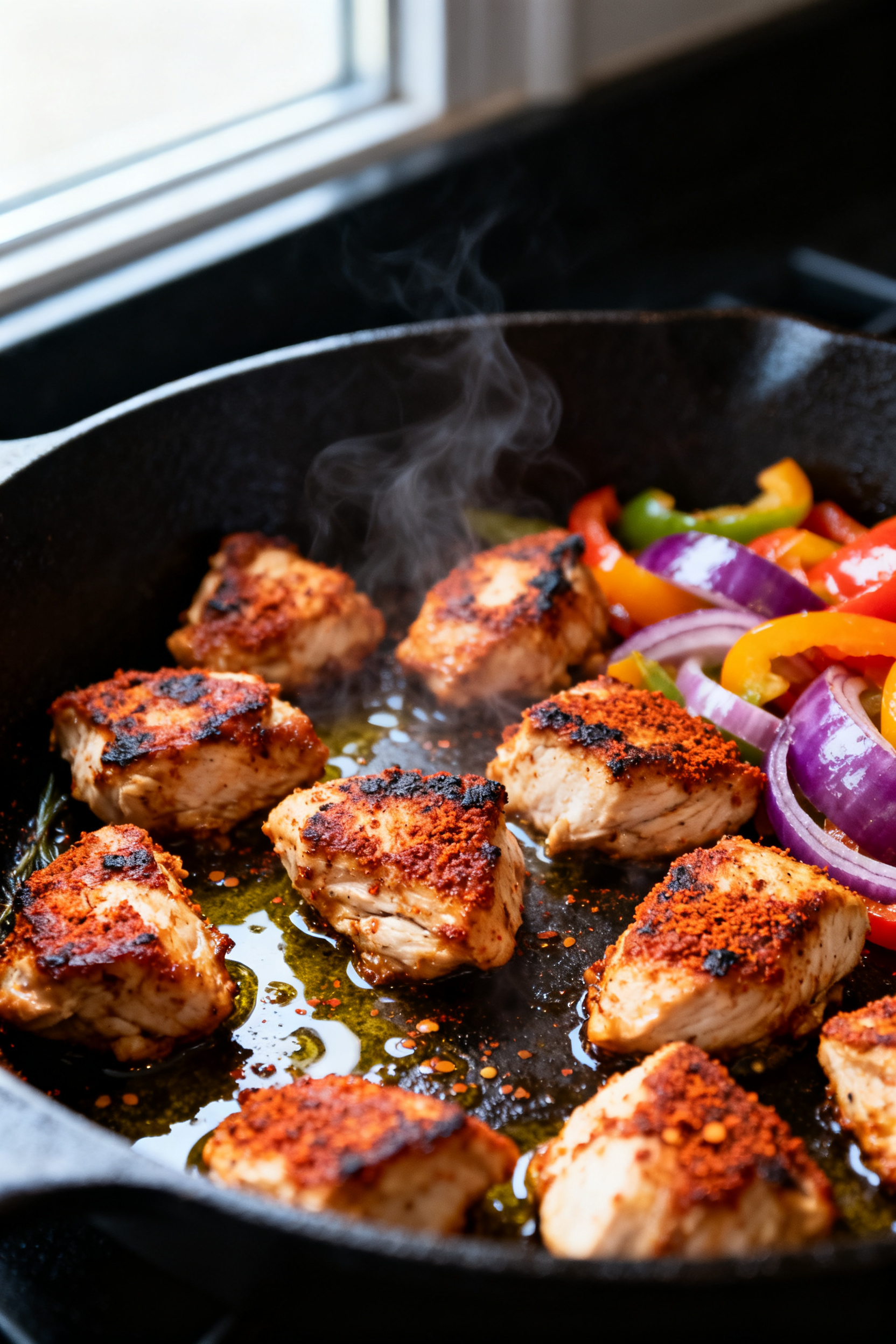 Close-up detail: Searing Cajun chicken bites in a cast-iron skillet, caramelized edges with smoky pa