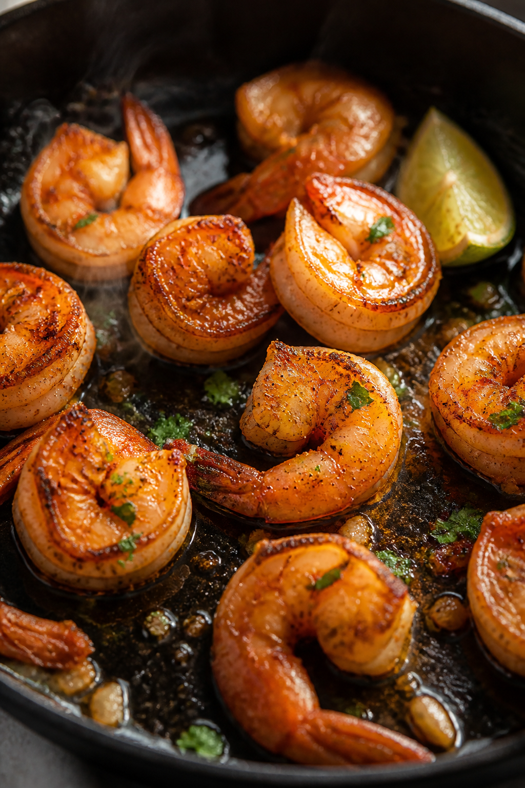 Close-up detail: Searing lime-garlic marinated shrimp in a hot skillet, caramelized edges with light