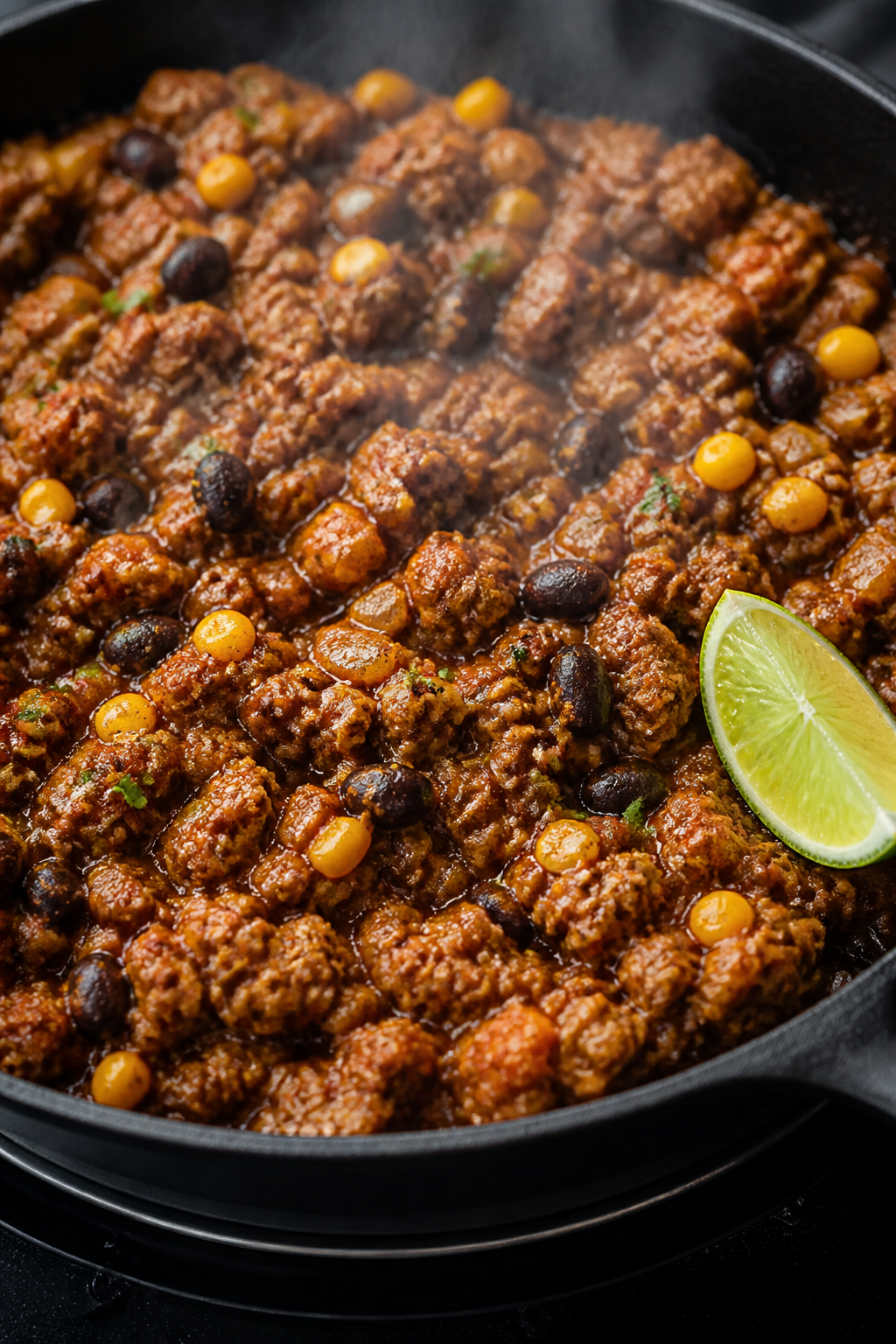 Close-up detail: Seasoned ground turkey simmering in a skillet, glistening and saucy after tomato pa