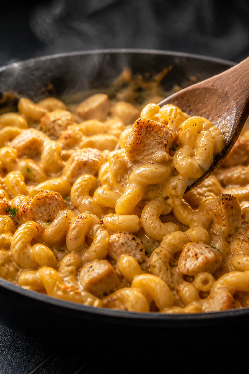 Close-up detail shot: Creamy chicken mac and cheese being folded together in a skillet, showing glos