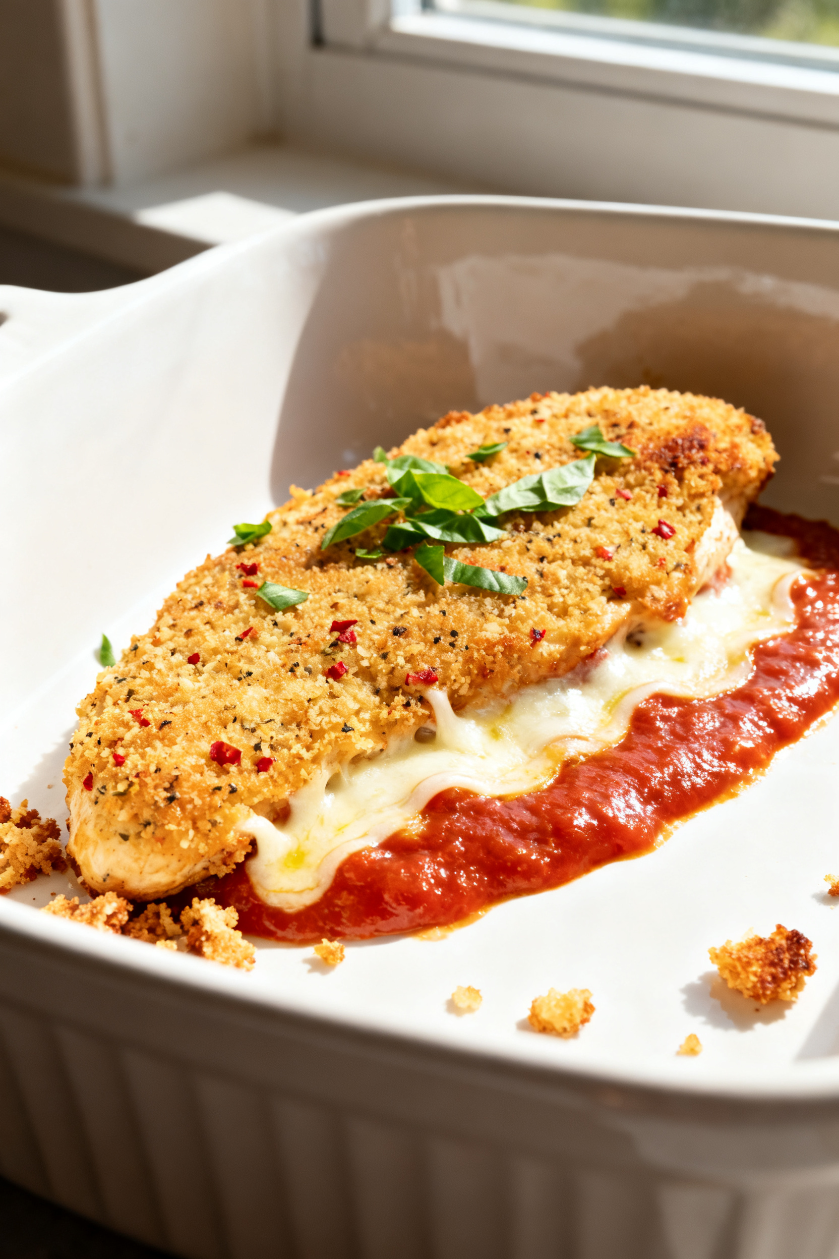 Close-up detail shot: Golden, oven-baked chicken Parmesan cutlet just after broil, showing a crisp, 