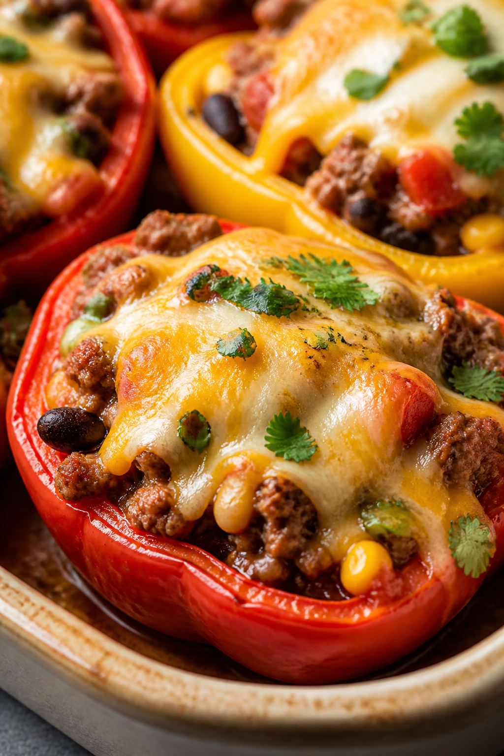 Close-up detail shot: Melted cheddar and Monterey Jack bubbling over taco-seasoned beef filling insi
