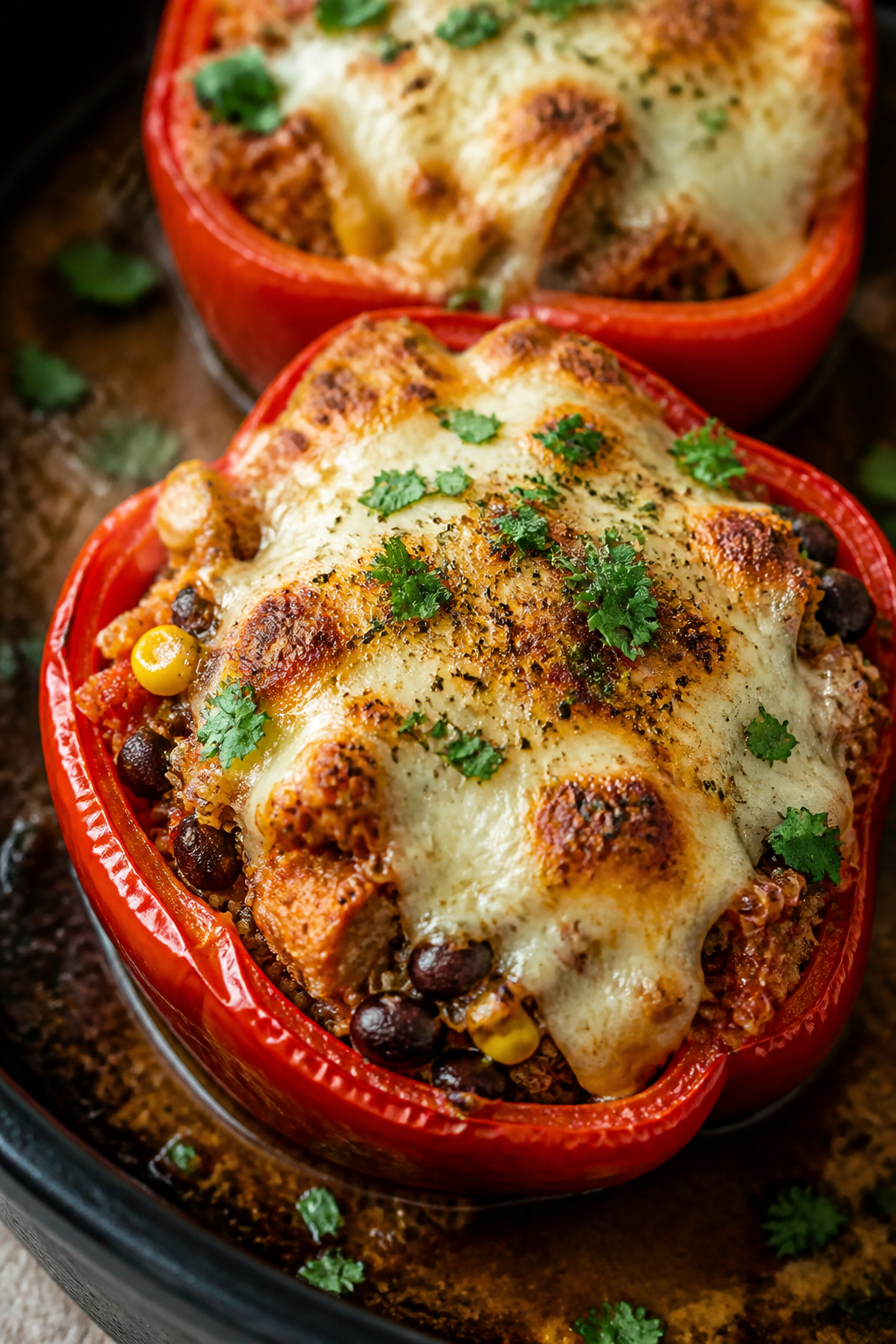 Close-up detail shot: Melty, golden-browned mozzarella cap on a chicken-stuffed red bell pepper just