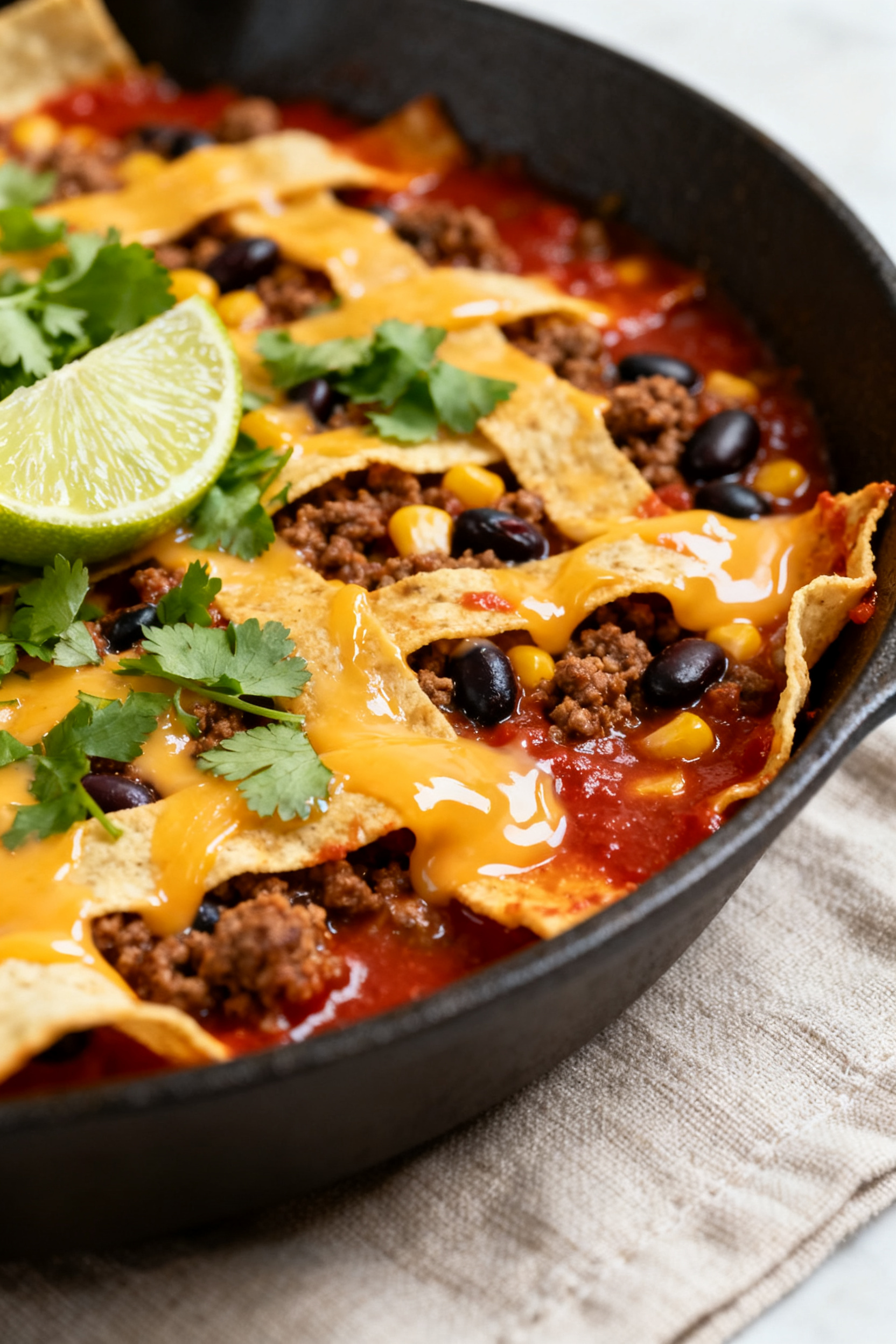 Close-up detail shot of the beef enchilada skillet right after “Cheese time”: molten reduced-fat