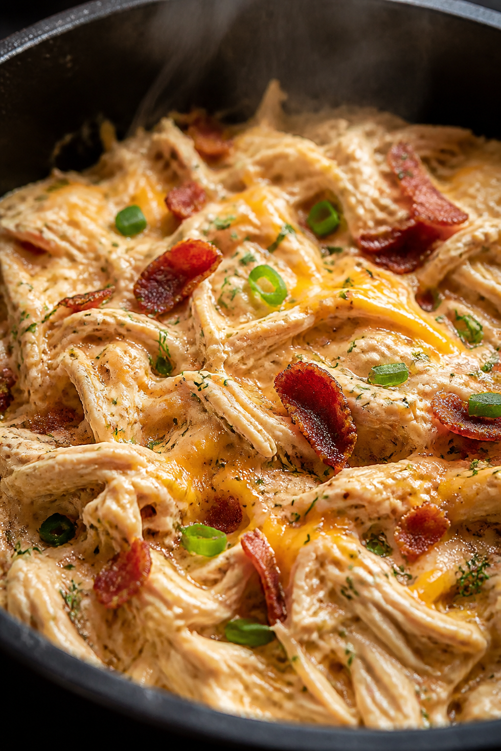 Close-up detail: Shredded “crack chicken” just after combining in the pot—juicy strands of chi
