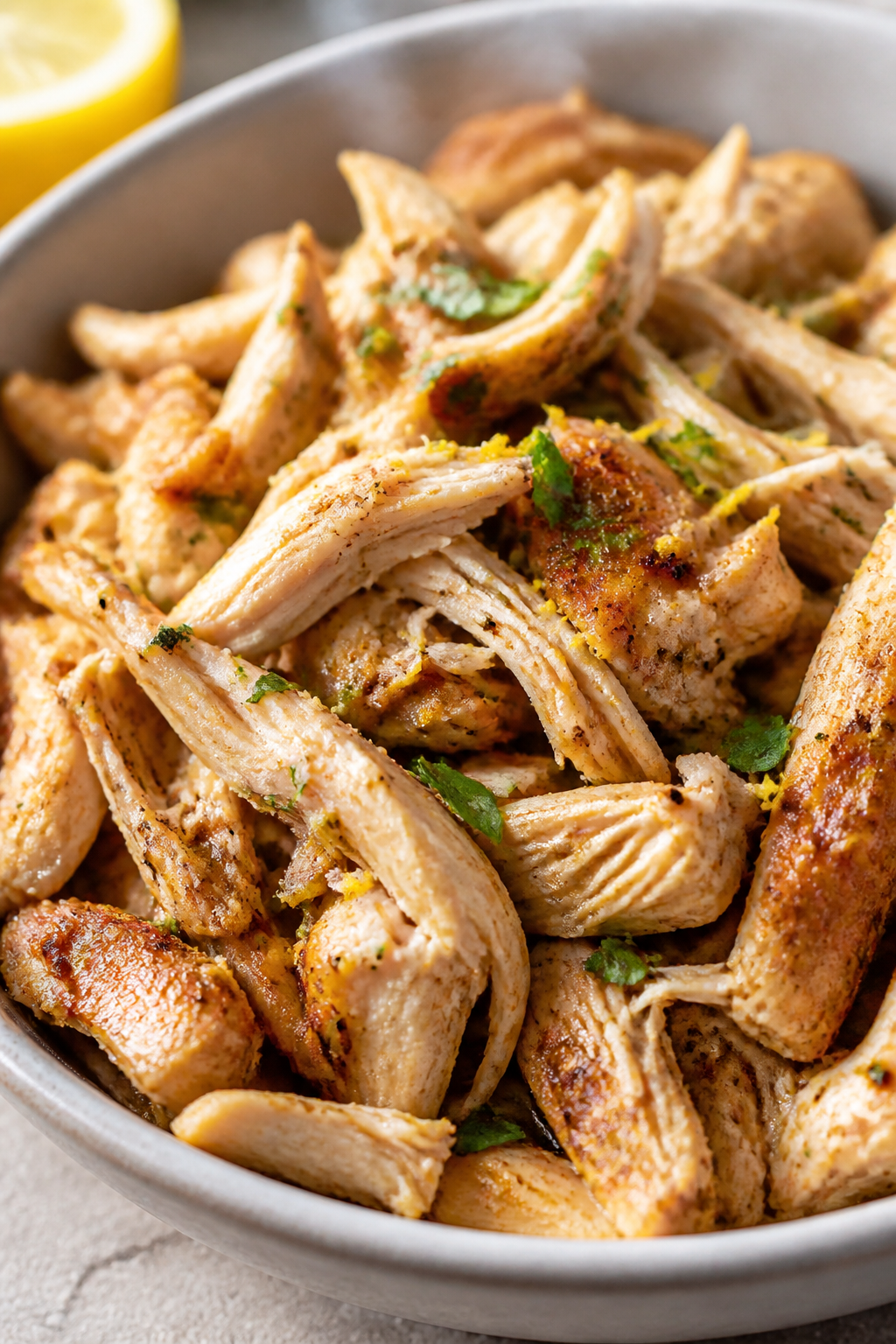 Close-up detail: Shredded rotisserie chicken tossed with a squeeze of lemon, a drizzle of olive oil,