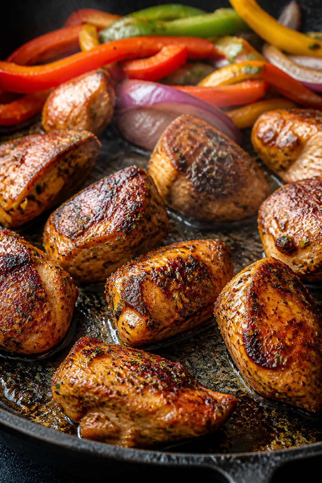 Close-up detail: Sizzling Cajun-seasoned chicken bites in a cast-iron skillet just after the flip, g