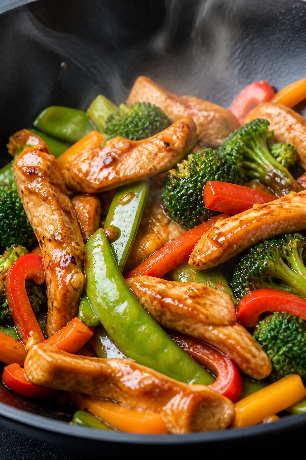 Close-up detail: Sizzling chicken breast slices and crisp-tender broccoli, bell peppers, and snow pe