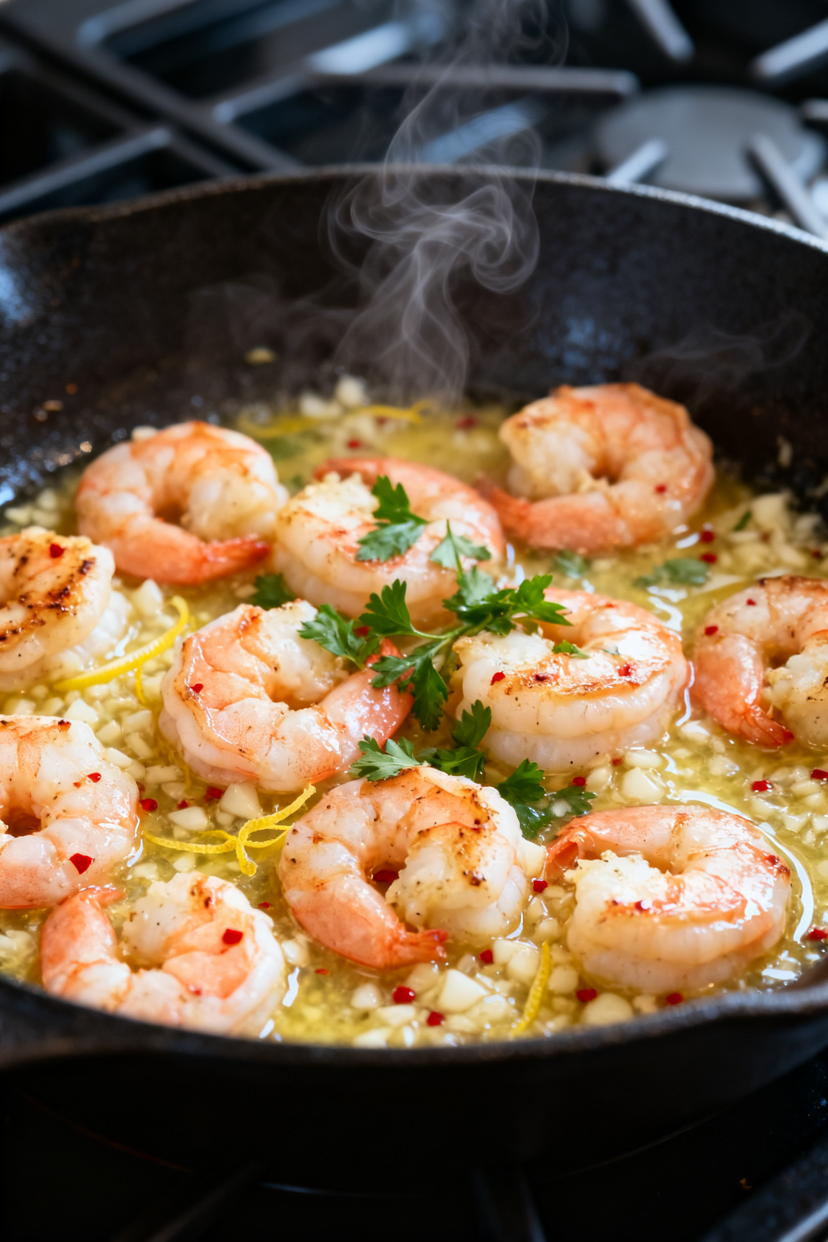 Close-up detail: Sizzling garlic butter shrimp in a skillet right after finishing with lemon—plump