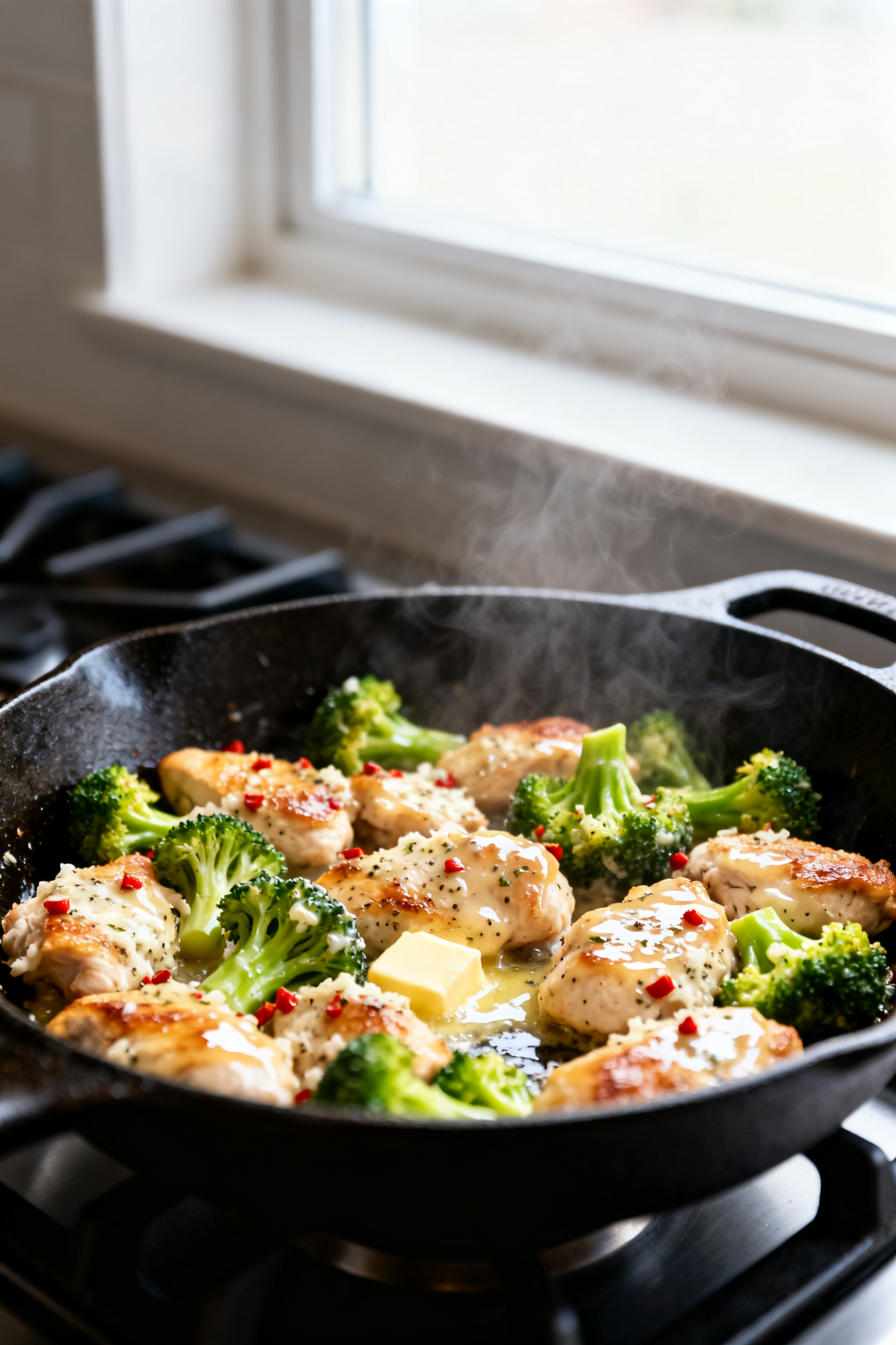 Close-up detail: Sizzling garlic-Parmesan chicken and broccoli in a cast-iron skillet at the “toss