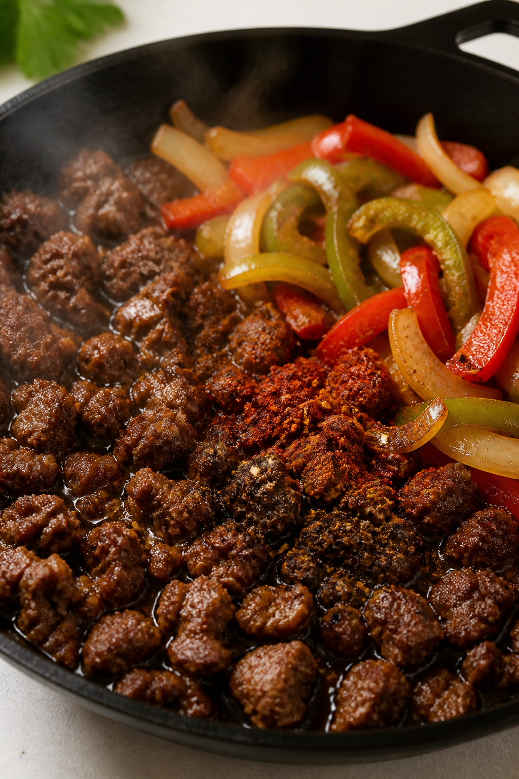 Close-up detail: Sizzling ground beef browning in a cast-iron skillet with crispy, caramelized edges