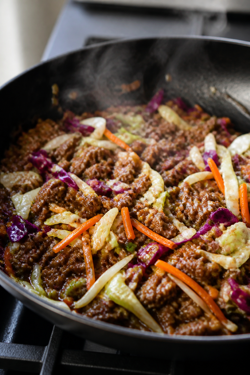 Close-up detail: Sizzling ground beef egg roll filling mid-cook in a dark skillet, showing browned c