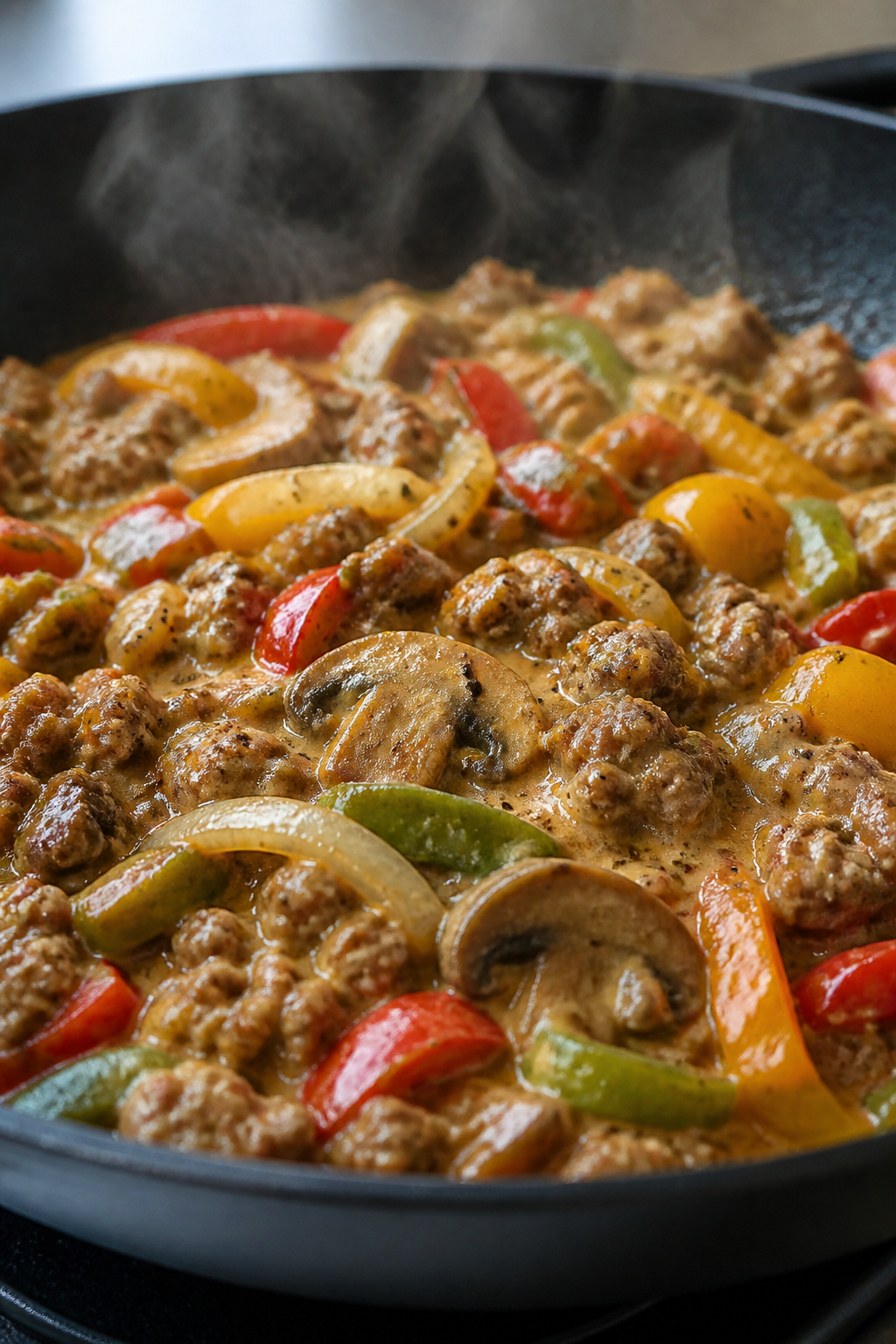 Close-up detail: Sizzling ground beef, sautéed bell peppers, onions, and mushrooms in a skillet jus