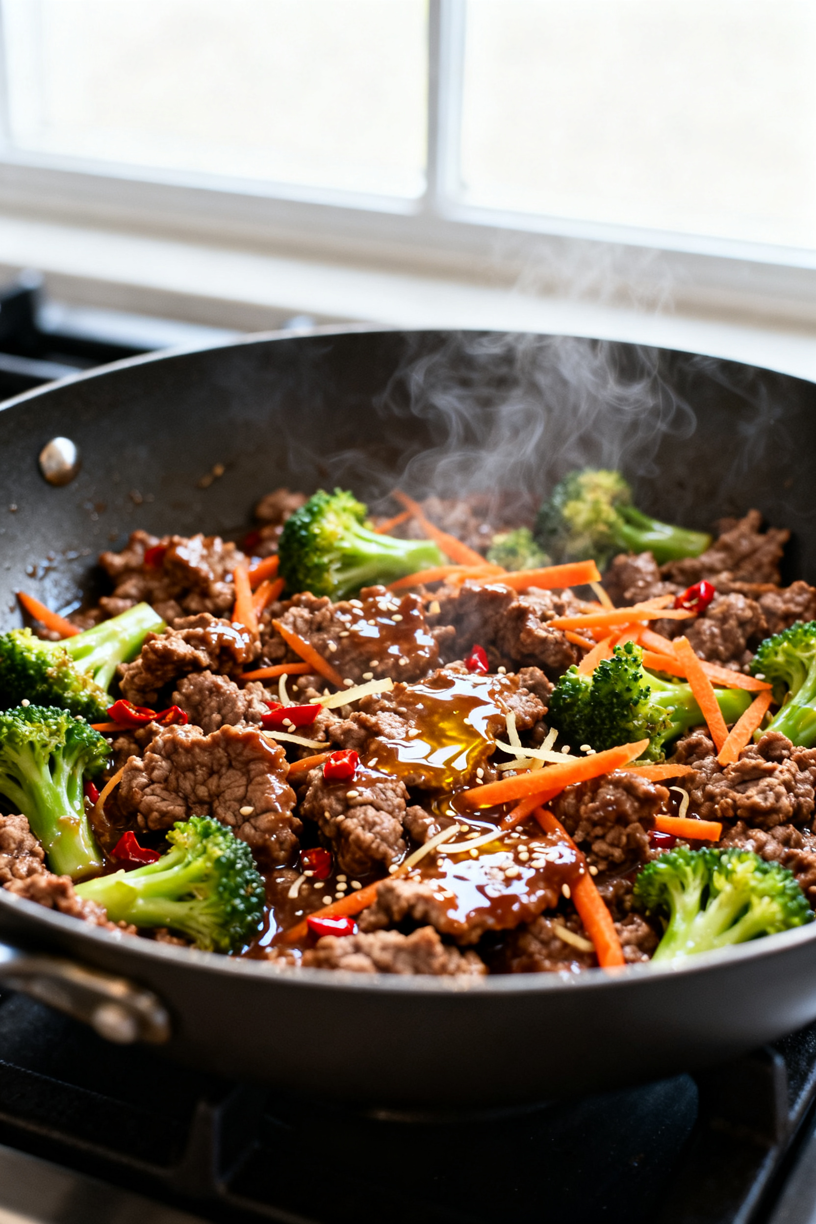 Close-up detail: Sizzling Mongolian ground beef in a wide skillet mid-cook, browned craggy edges gli