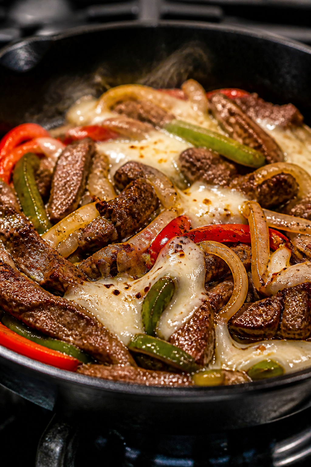 Close-up detail: Sizzling thin-sliced sirloin and sautéed peppers and onions in a hot skillet just 
