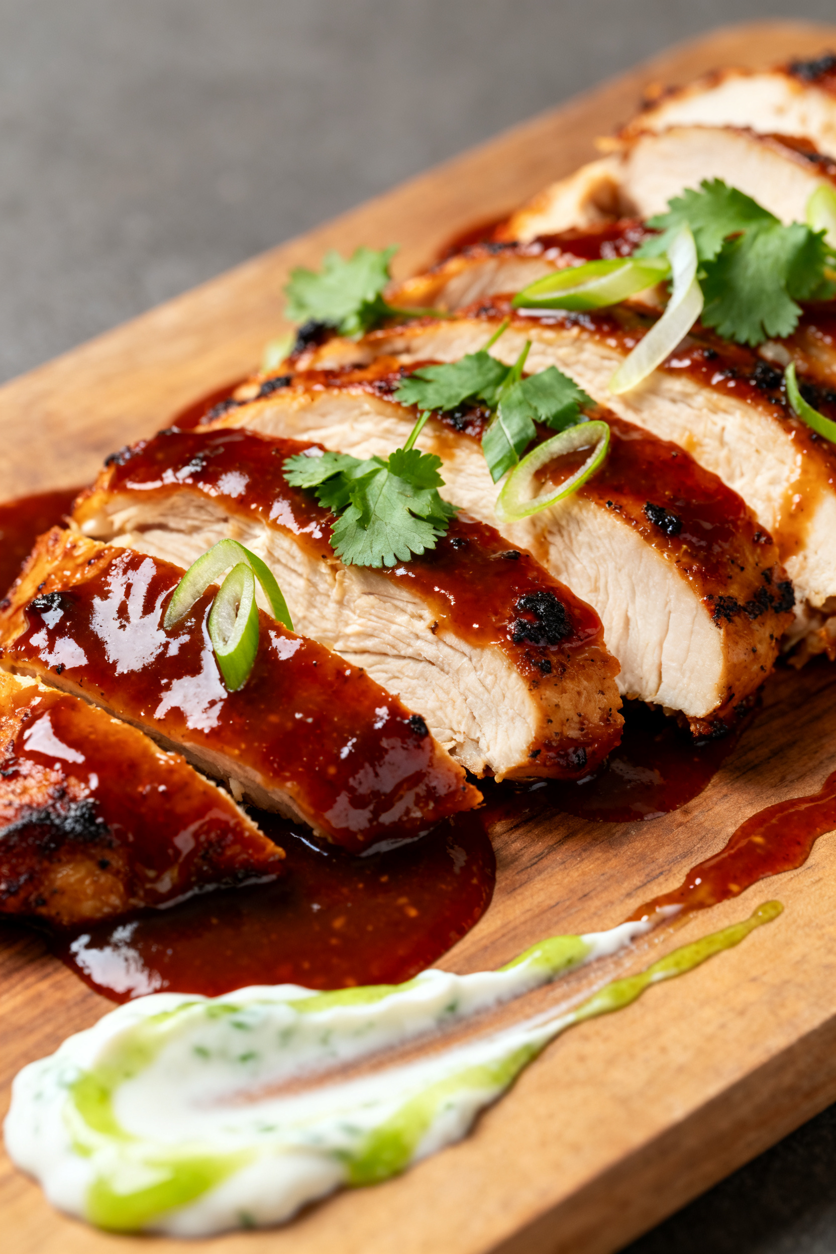Close-up detail: Sliced BBQ chicken just after resting, glistening with a glossy second coat of sauc