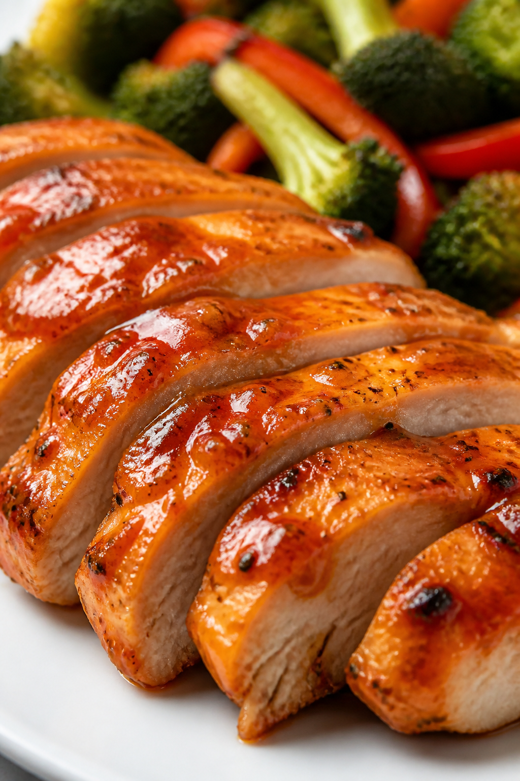 Close-up detail: Sliced buffalo chicken breast just after tossing in sauce, glistening with a vibran