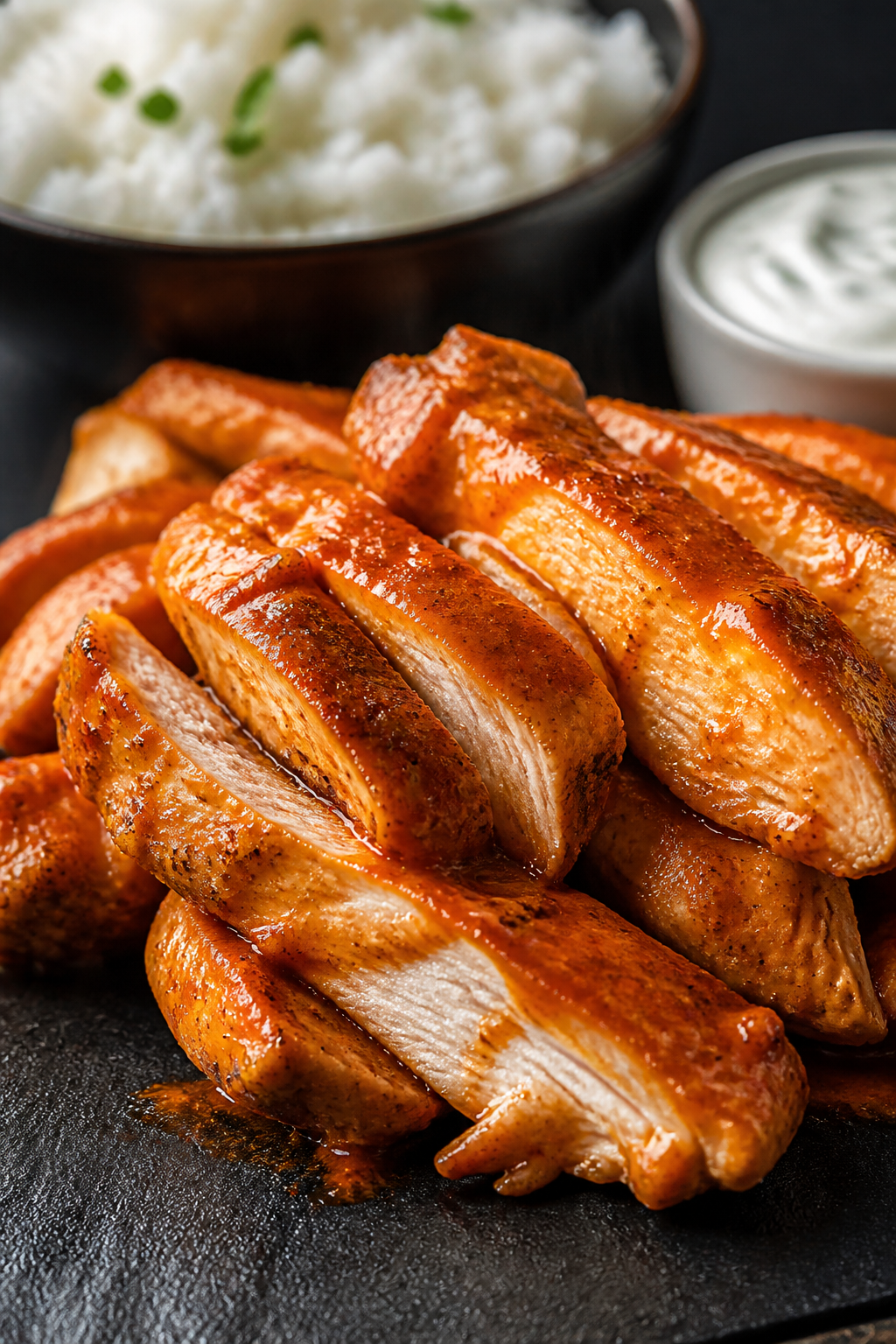 Close-up detail: Sliced buffalo chicken just after tossing, glistening with a vibrant orange-red Fra