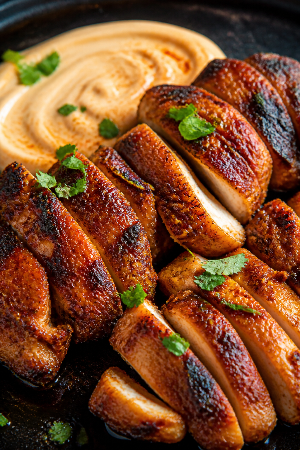 Close-up detail: Sliced chipotle-marinated chicken thighs just off the skillet, showing caramelized