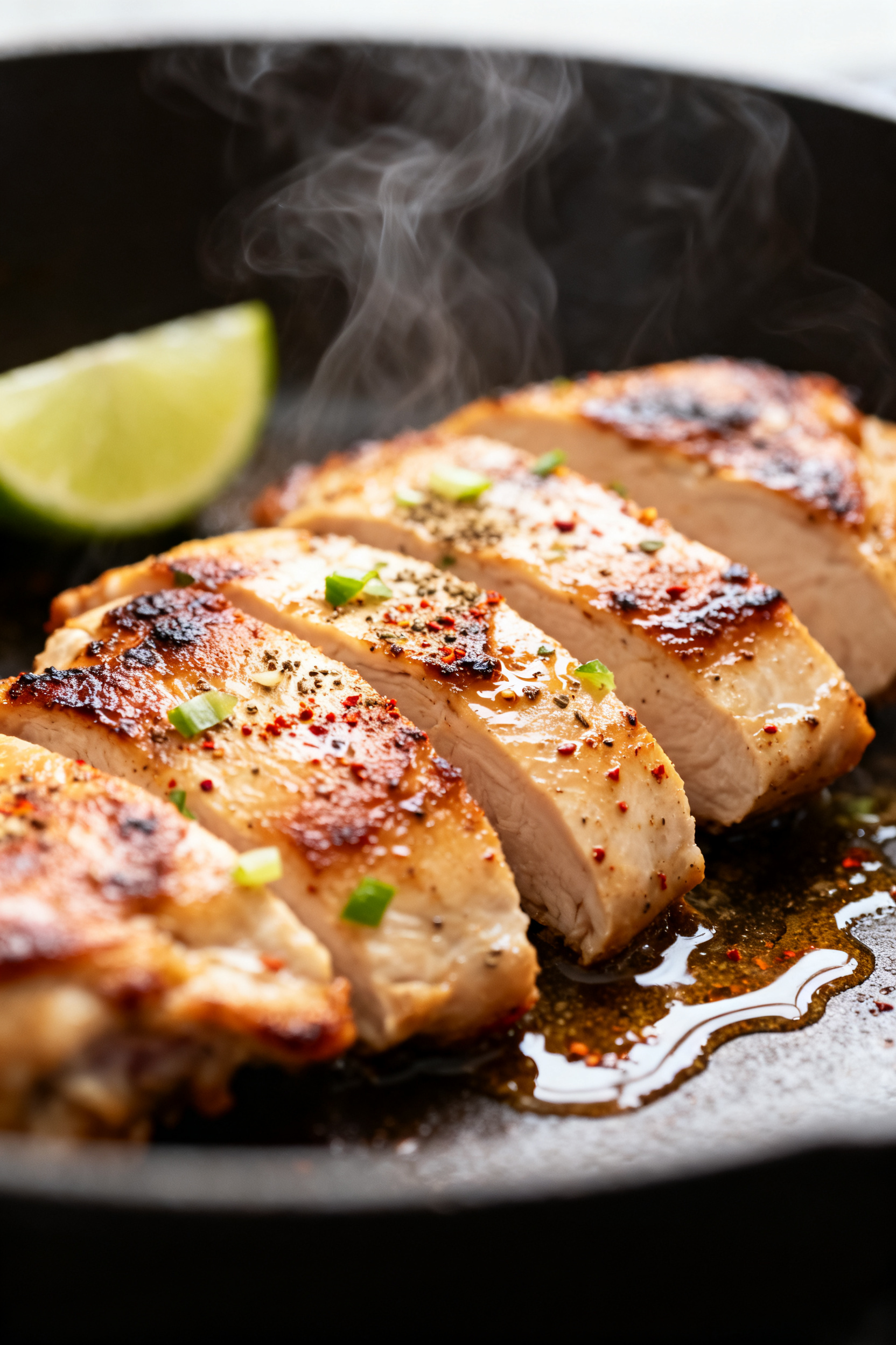 Close-up detail: Sliced garlic-lime chicken thighs just off the skillet, showing caramelized sear an