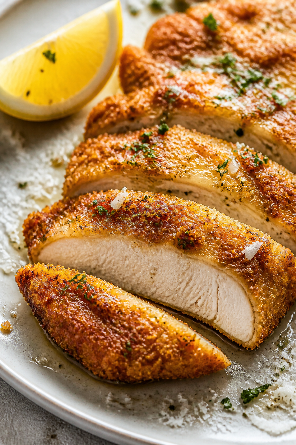 Close-up detail: Sliced Garlic Parmesan chicken cutlet just after resting, showcasing a golden, cris