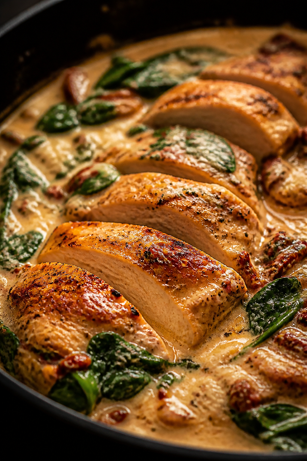 Close-up detail: Sliced, golden-browned chicken breast pieces just returned to a skillet of creamy s