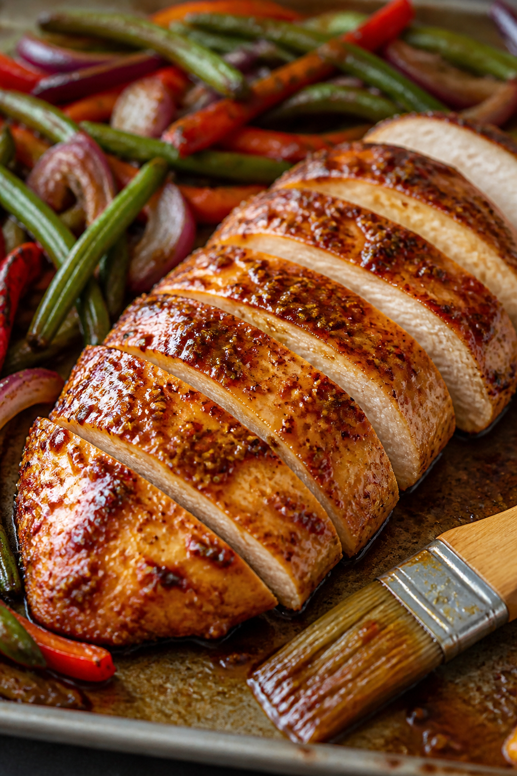Close-up detail: Sliced honey mustard chicken breast just out of the oven, glistening with a glossy