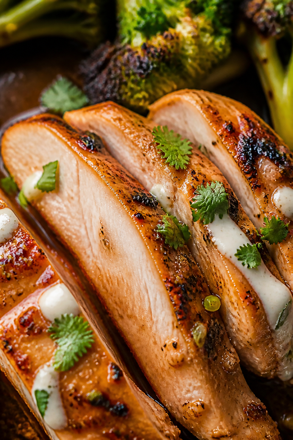 Close-up detail — Sliced juicy chicken: Tight macro of sliced BBQ ranch chicken tossed in pan juic