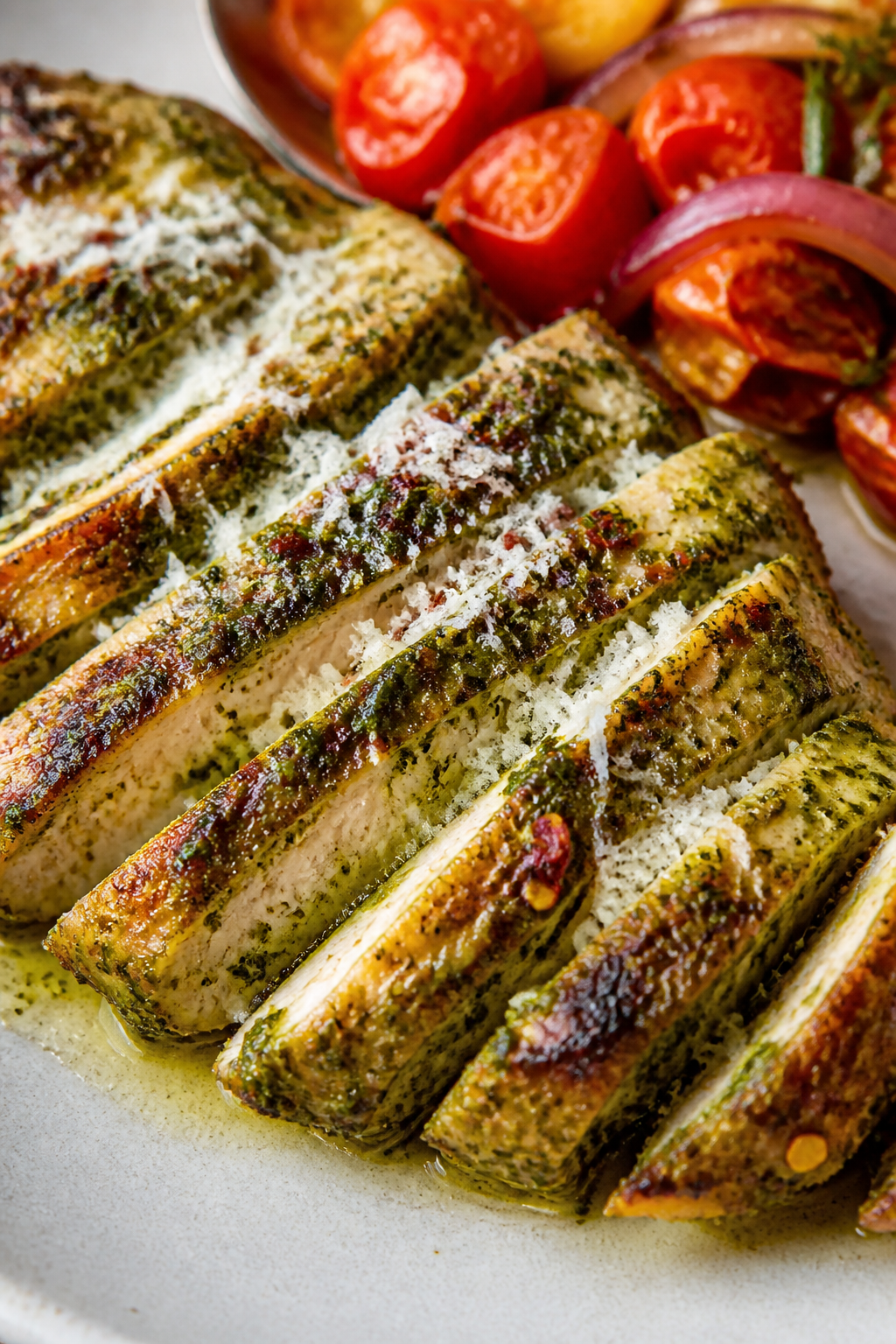 Close-up detail: Sliced pesto-coated chicken breast just after resting, glistening with pan juices,