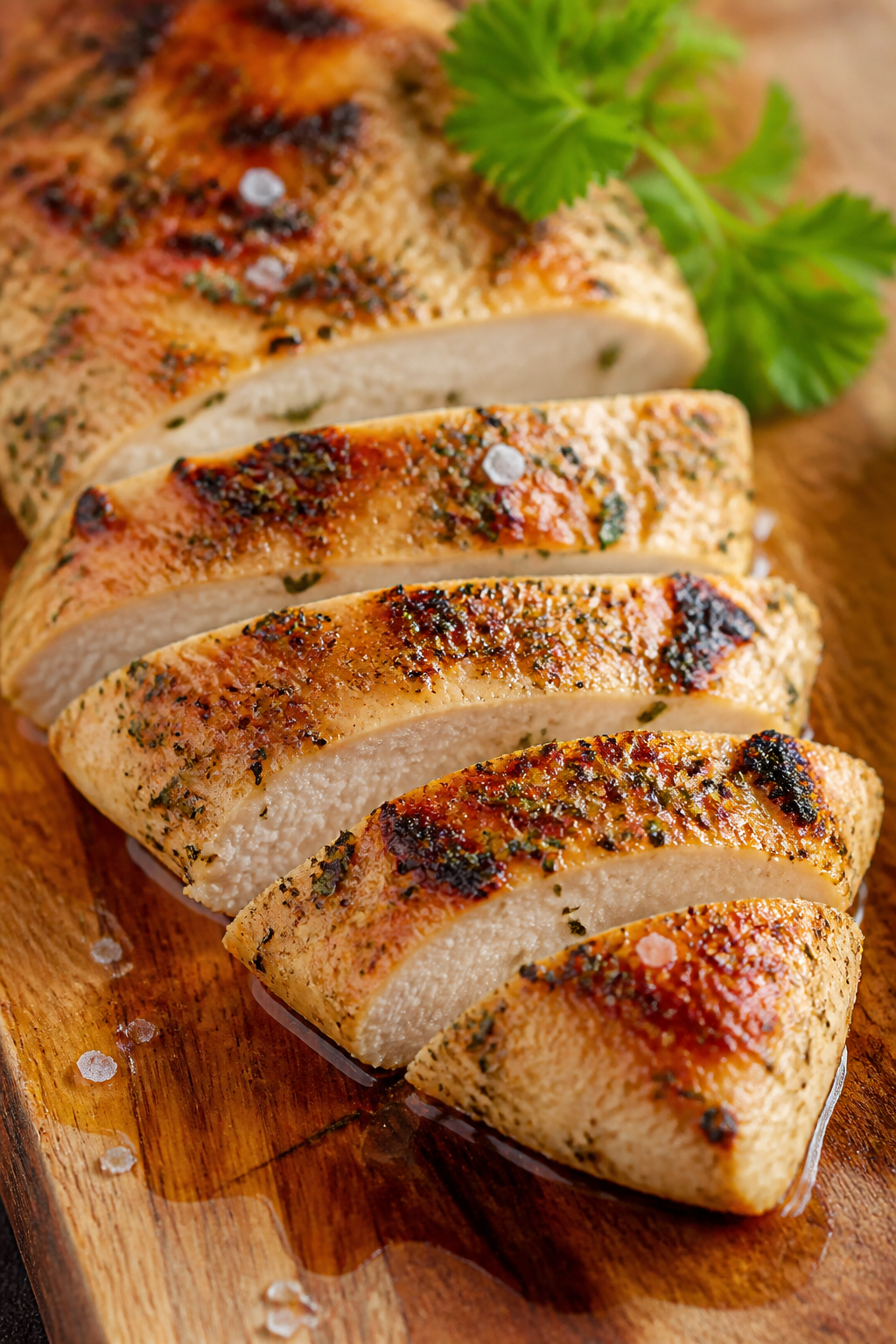 Close-up detail: Sliced ranch-seasoned chicken just after resting, seared golden-brown edges with vi