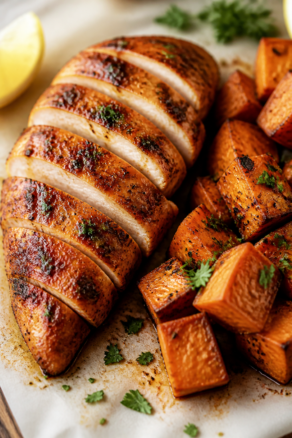 Close-up detail: Sliced roasted chicken breast coated in a paprika–smoked paprika–cumin spice ru