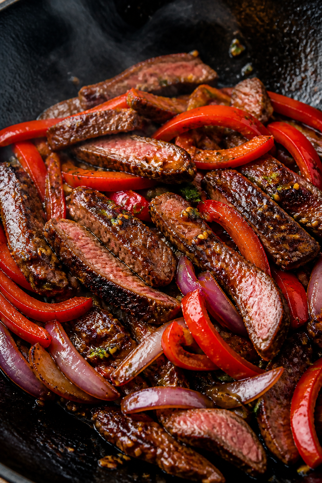 Close-up detail: Sliced, seared flank steak sizzling in a wok with glossy soy-lime glaze, charred ed